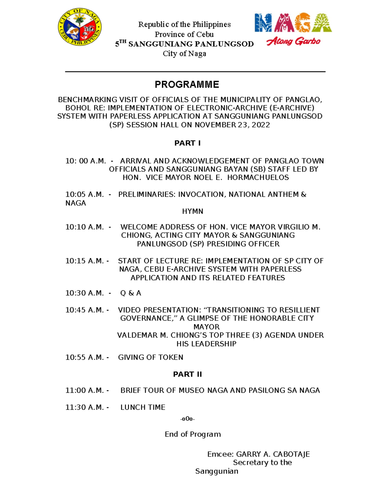 Program FOR Panglao Officials - Republic of the Philippines Province of ...