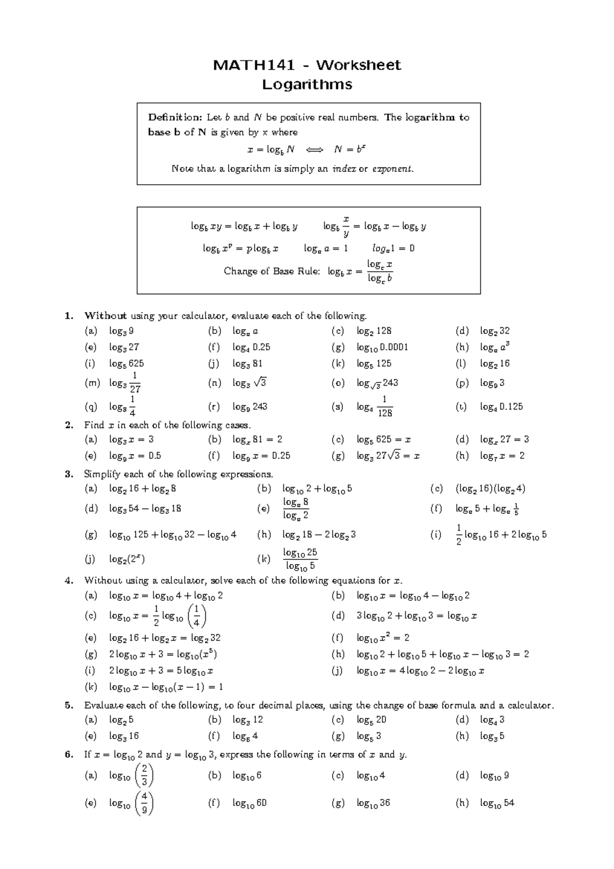 Logarithms - math questions - MATH141 - Worksheet Logarithms Definition ...