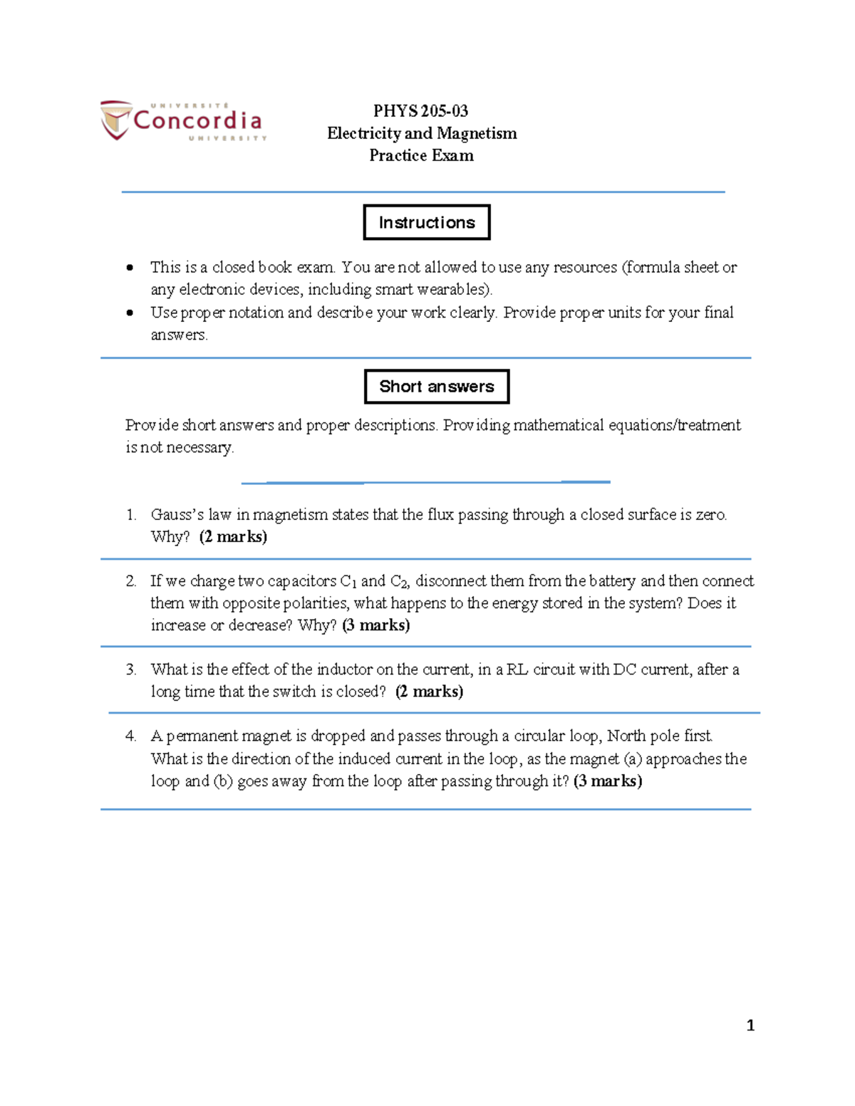 PHYS 205 Sample Final Exam 2018 - PHYS 205- Electricity And Magnetism ...