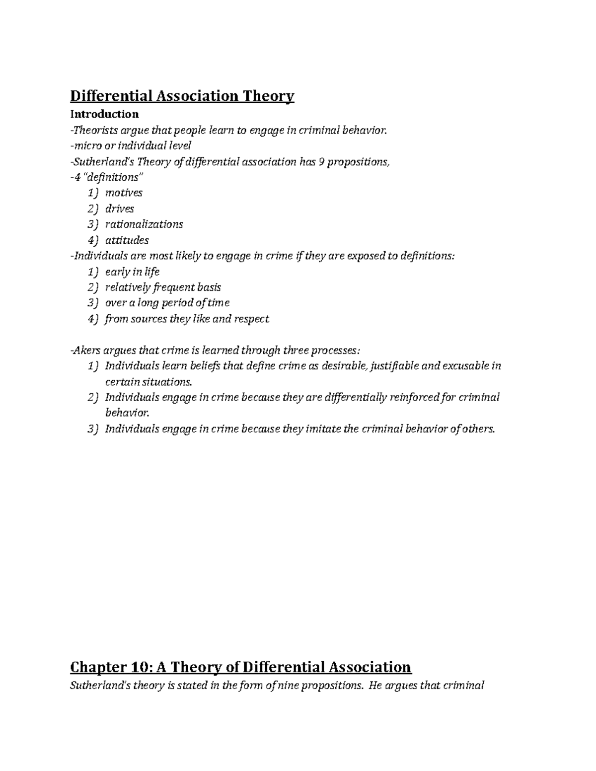 Criminology Review Summary of chapters Differential Association