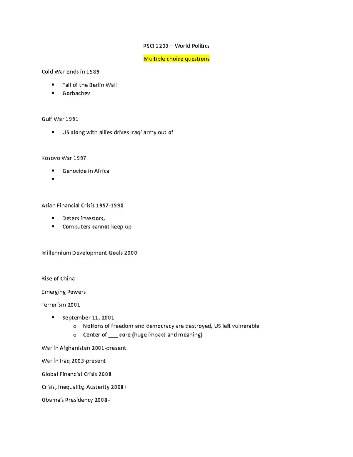 PSCI 1200 Notes - PSCI 1200 – World Politics Multiple Choice Questions ...