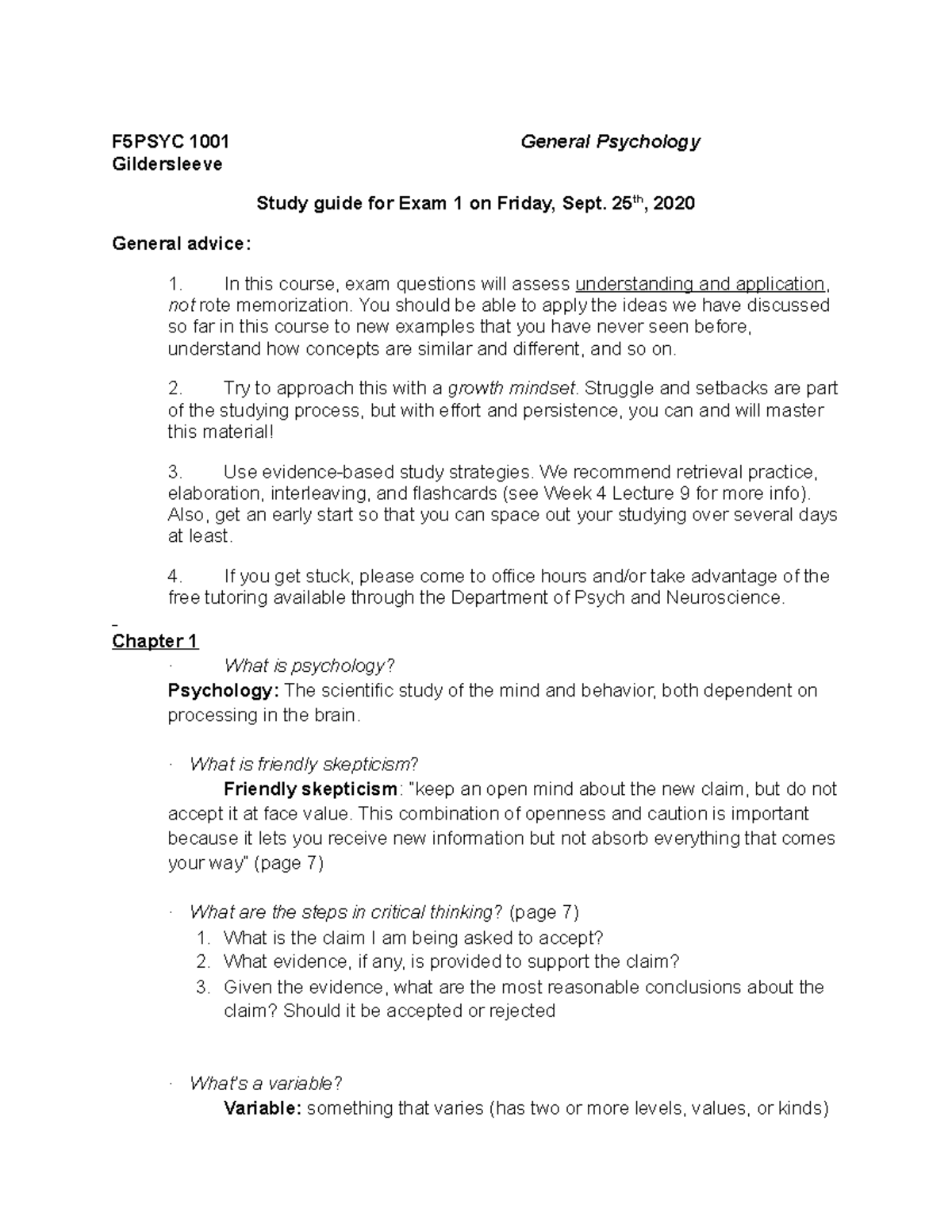 Exam 1 - study guide - F5PSYC 1001 General Psychology Gildersleeve ...