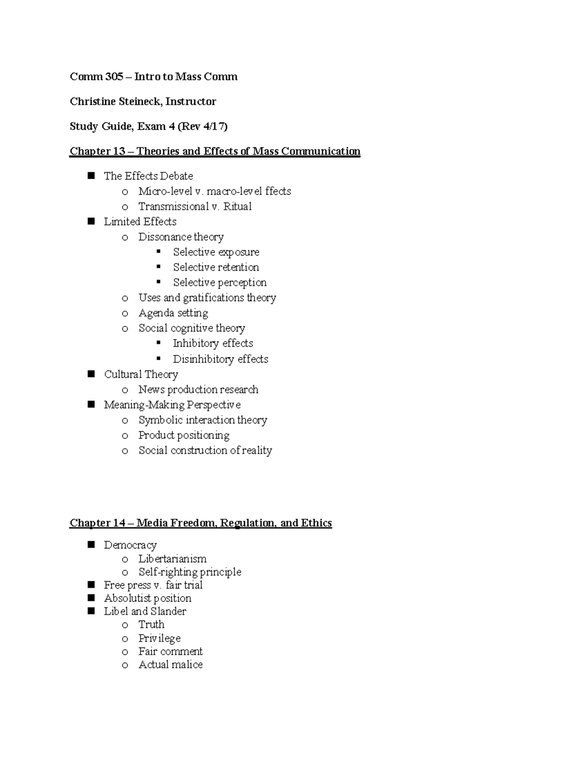 Exam Four - Steineck - Comm 305 Intro to Mass Comm Christine Steineck ...