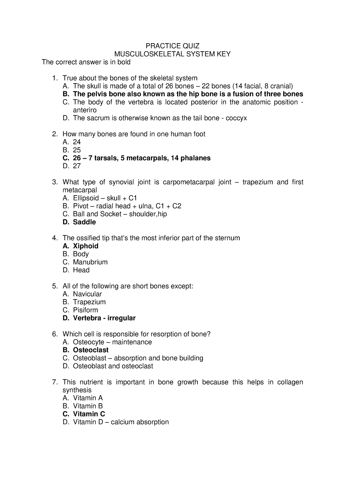 Answer KEY Practice QUIZ Musculoskeletal System - PRACTICE QUIZ ...