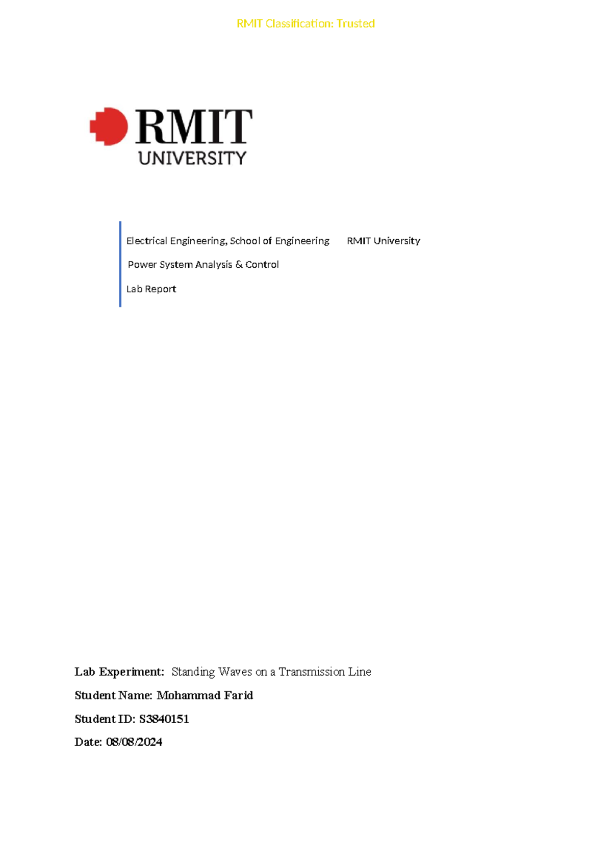 Lab Report Coversheet - Electrical Engineering, School of Engineering ...