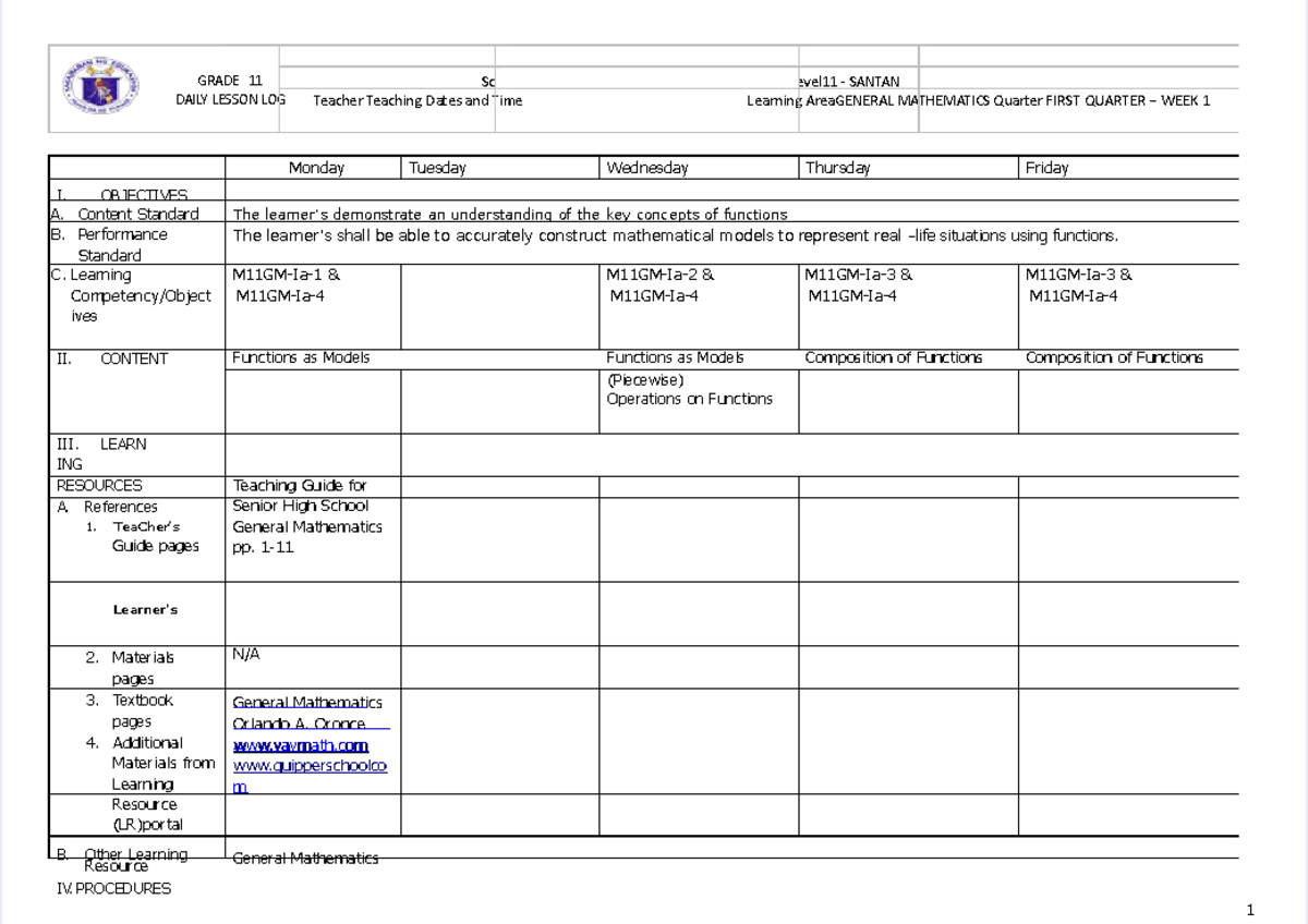 General Mathematics Grade 11 Daily Lesson Log