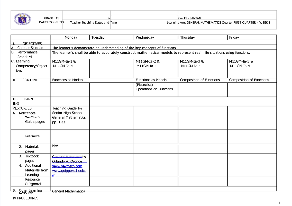 Pdf Dll General Mathematics 1 GRADE 11 DAILY LESSON LOG School 