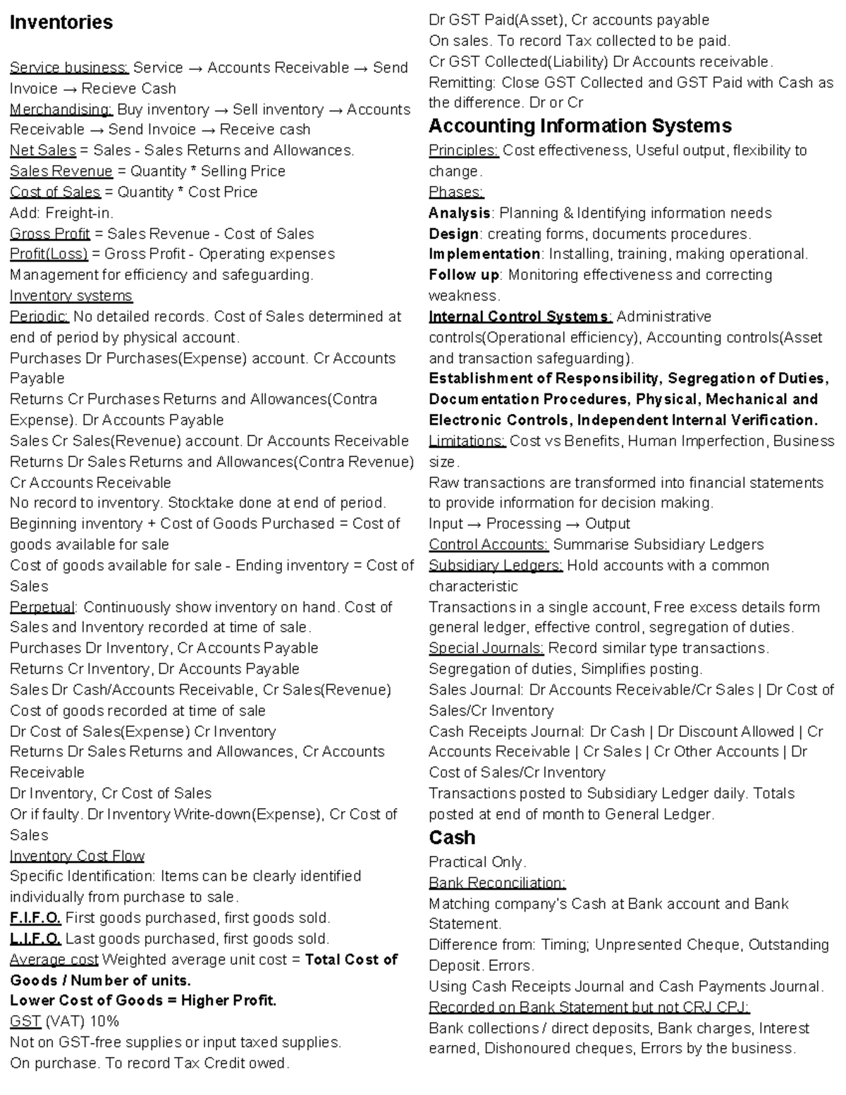 BSB110 Accounting Exam Notes - Inventories Service business: Service → ...