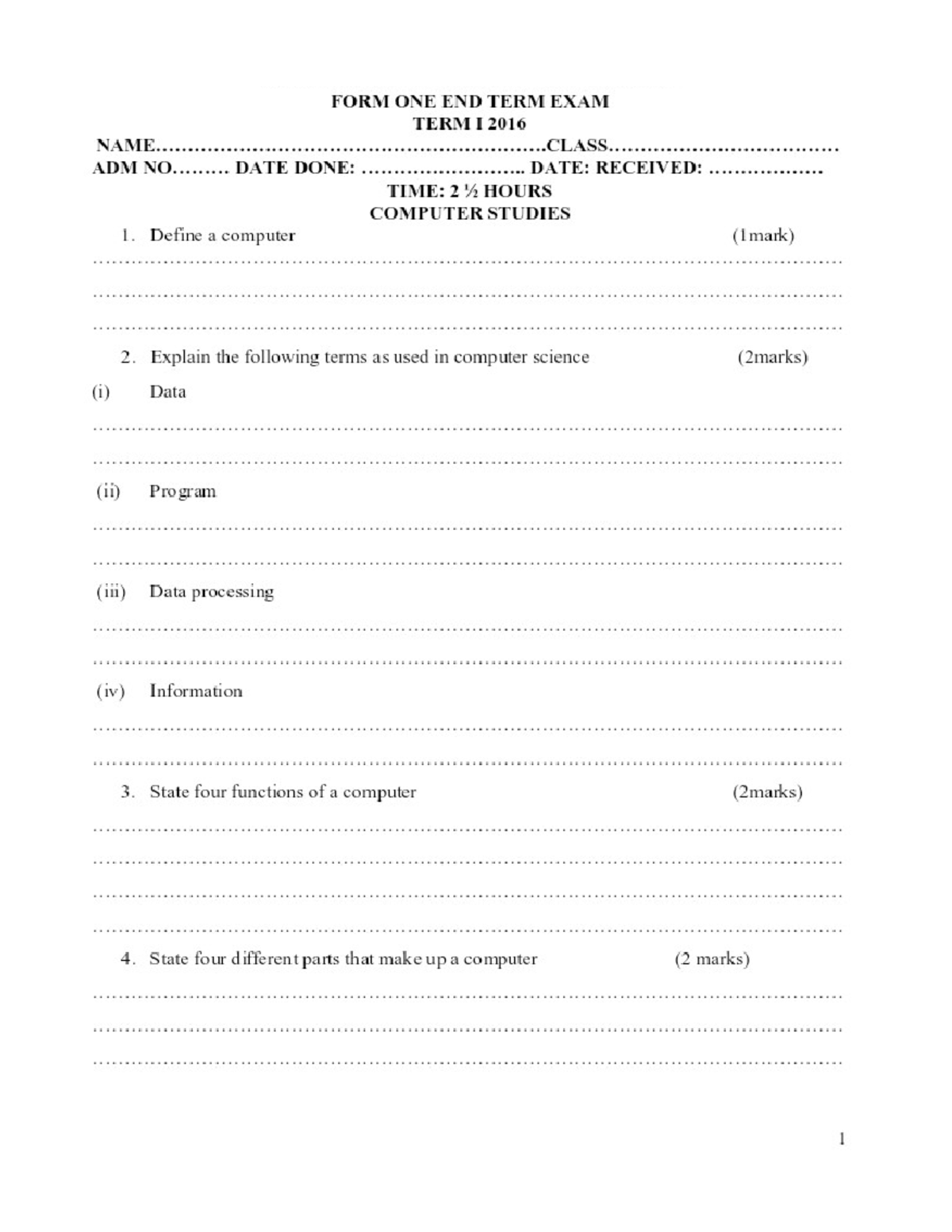 Revision Paper FORM ONE - Computer Studies - Studocu