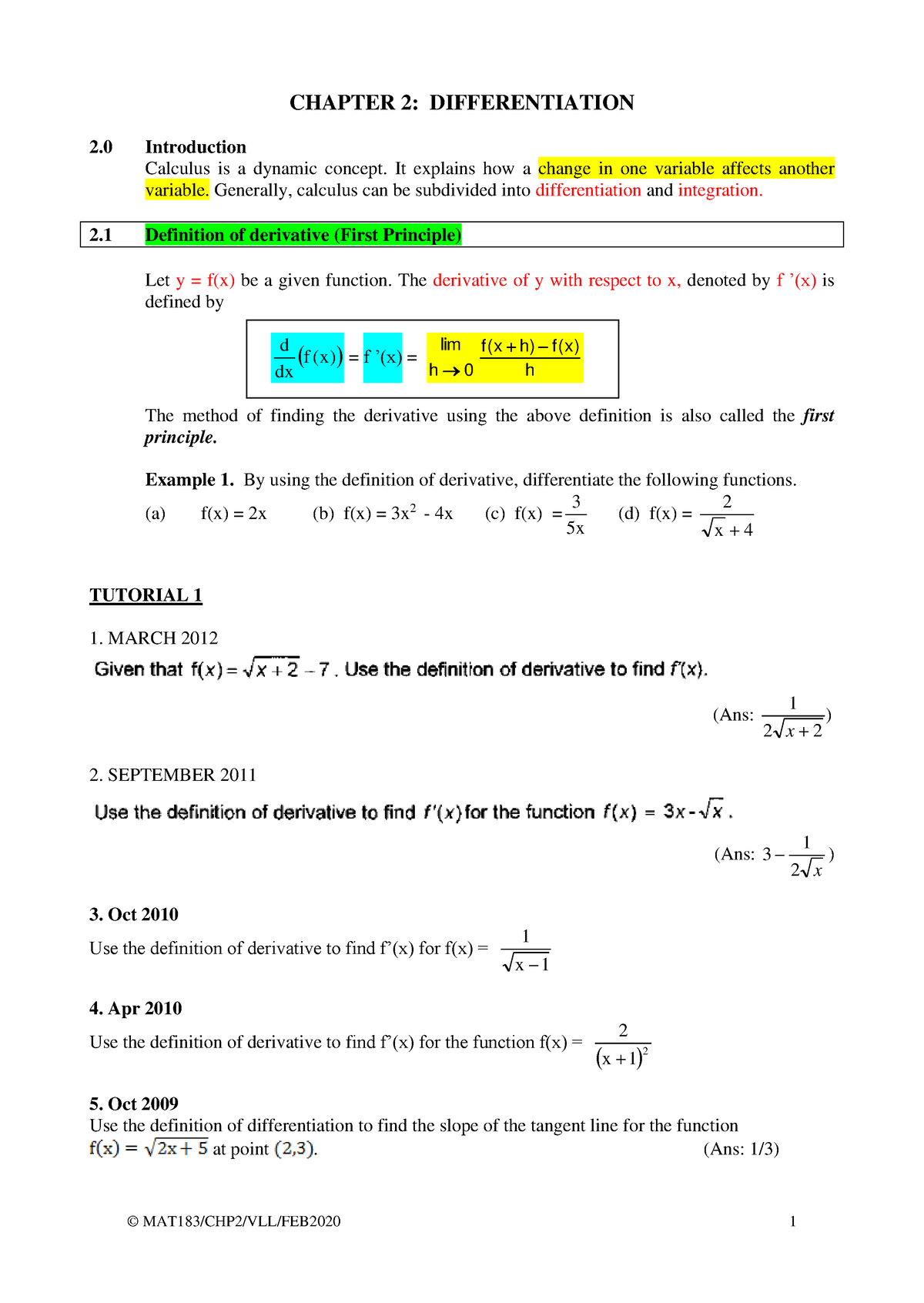 Chapter 2 Notes - CHAPTER 2: DIFFERENTIATION 2 Introduction Calculus Is ...