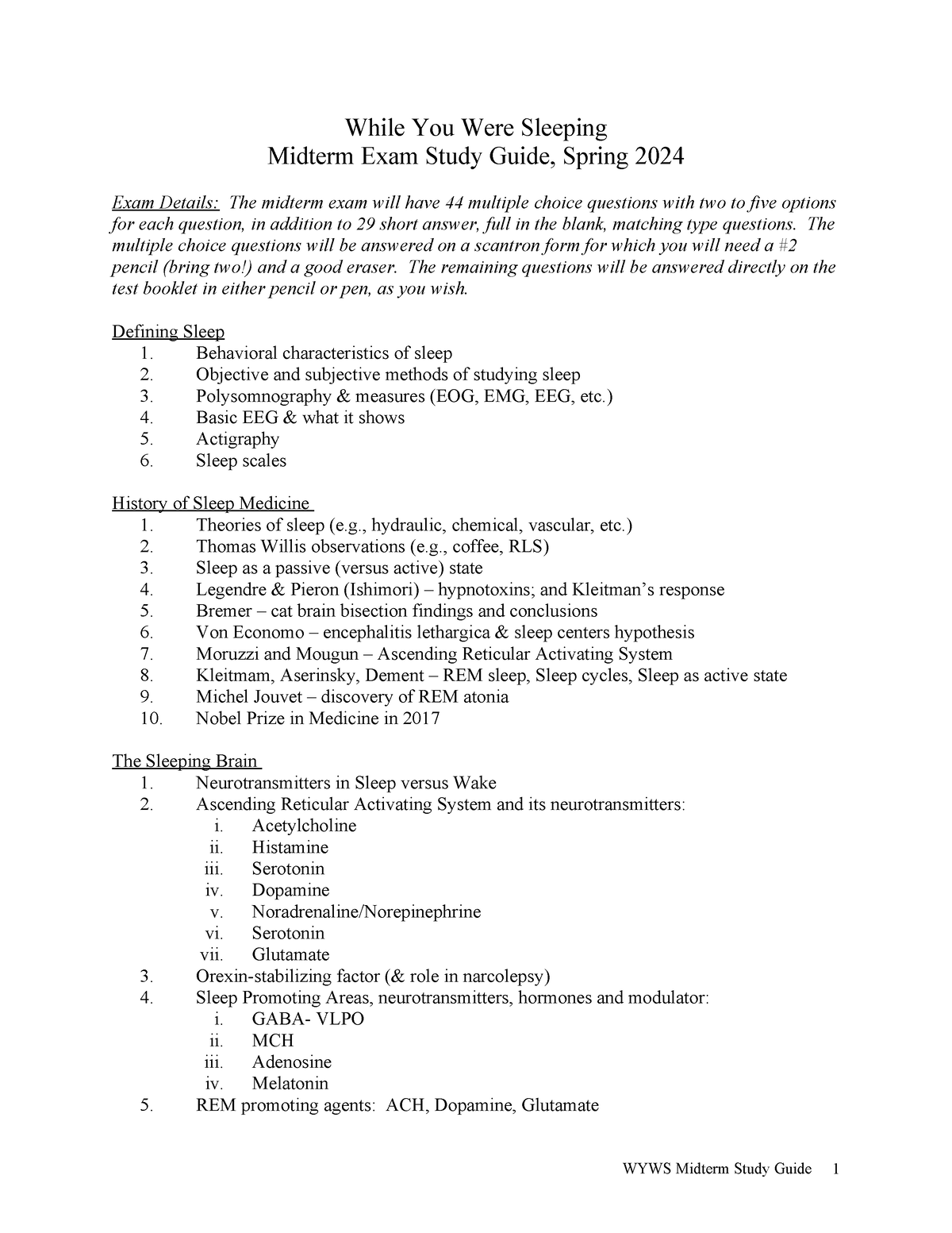 WYWS Midterm Study Guide Spring 2024 While You Were Sleeping Midterm