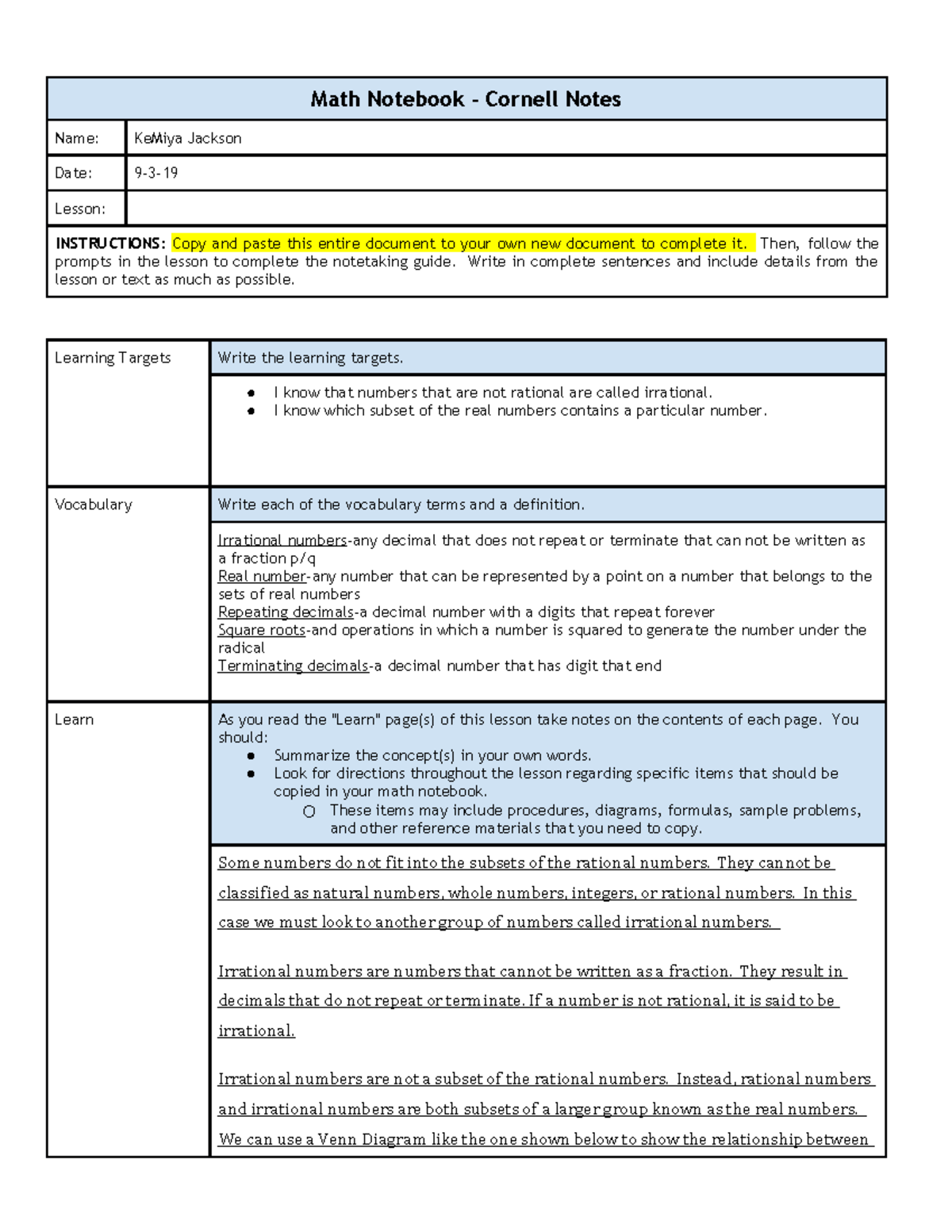Copy of Cornell Notes Jackson Ke Miya - Math Notebook - Cornell Notes ...