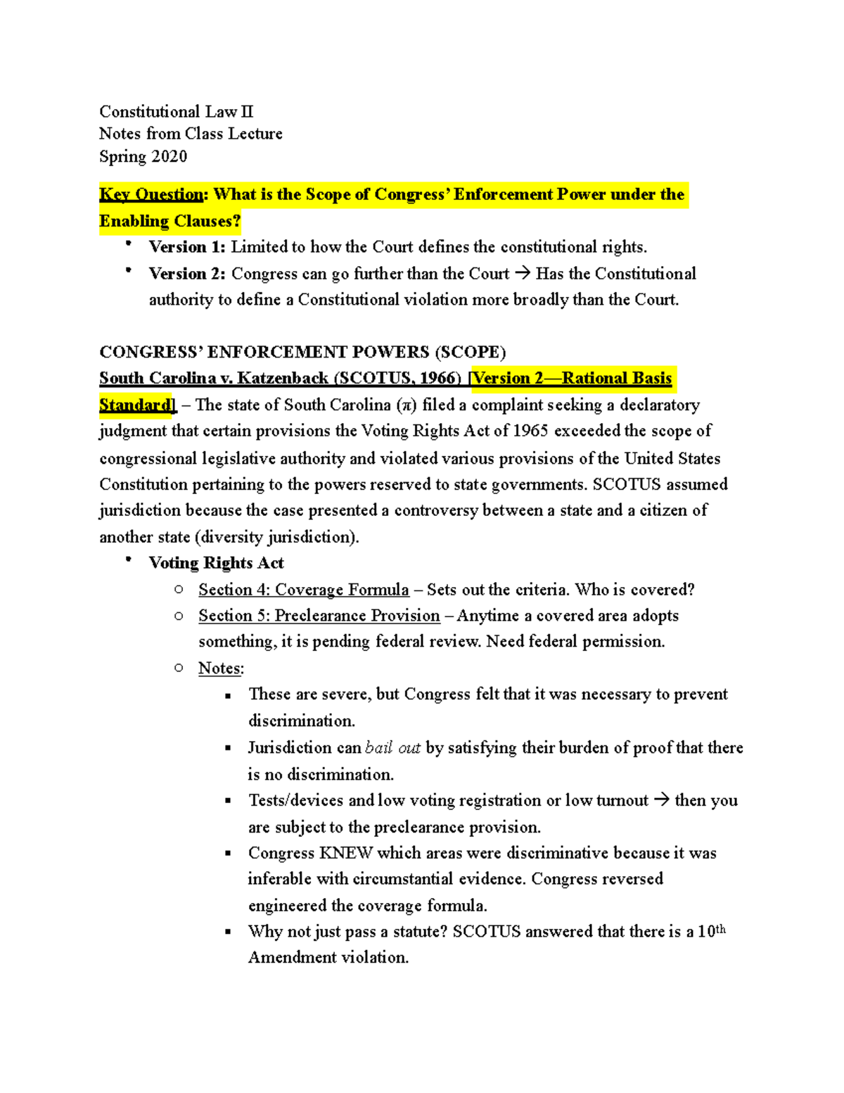Congress’ Enforcement Powers ( Scope) - Constitutional Law II Notes ...