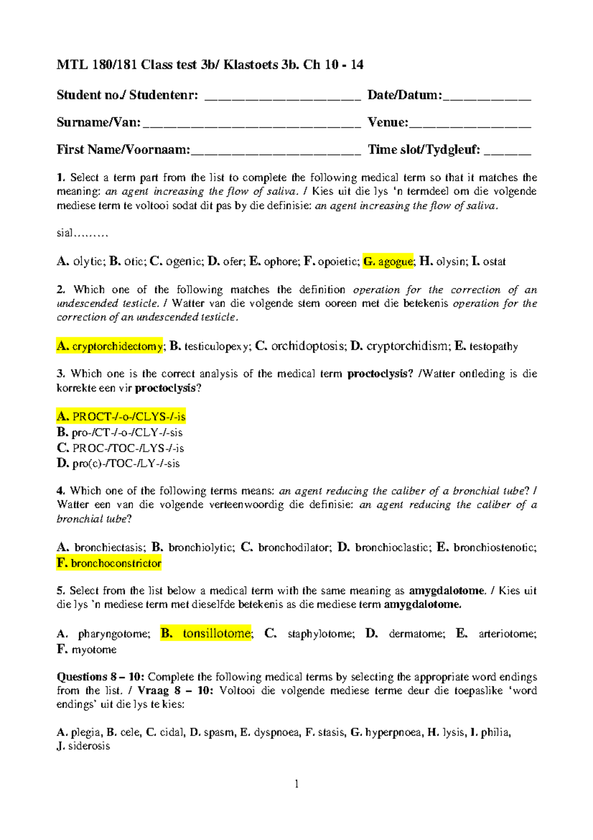 Chapter 10 - 14 B Class Test - Medical Terminology 180 - UP - StuDocu