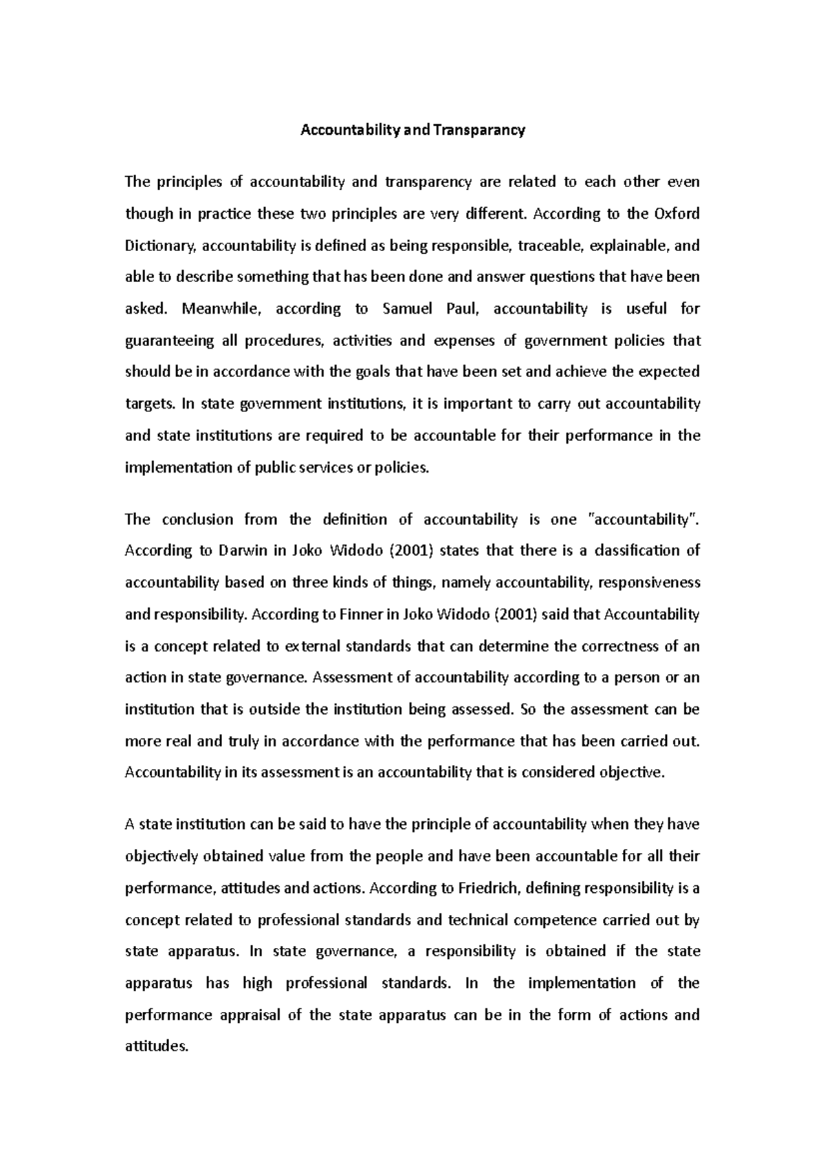 Accountability and Transparancy According to the Oxford Dictionary