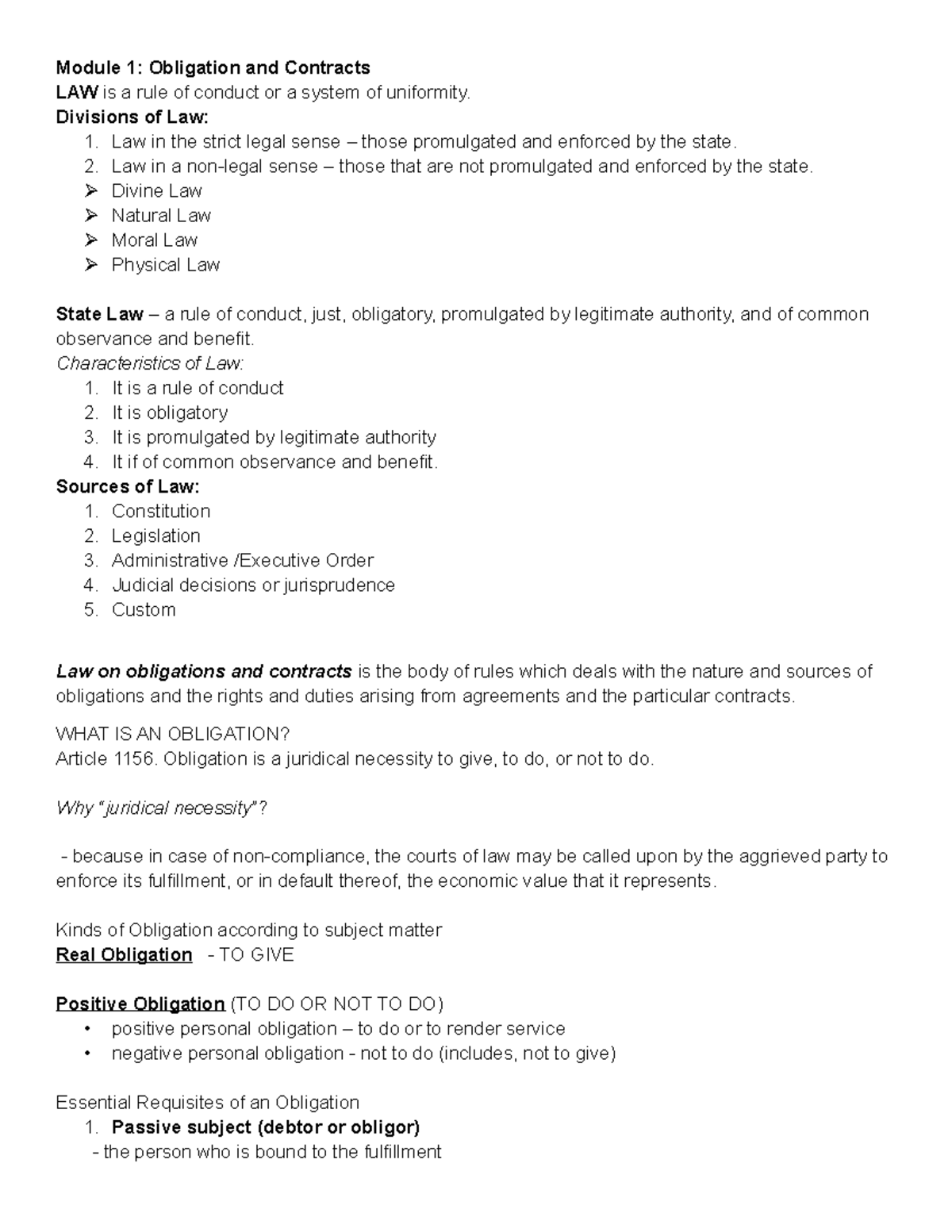 Business LAW Module 1-6 - Module 1: Obligation And Contracts LAW Is A ...