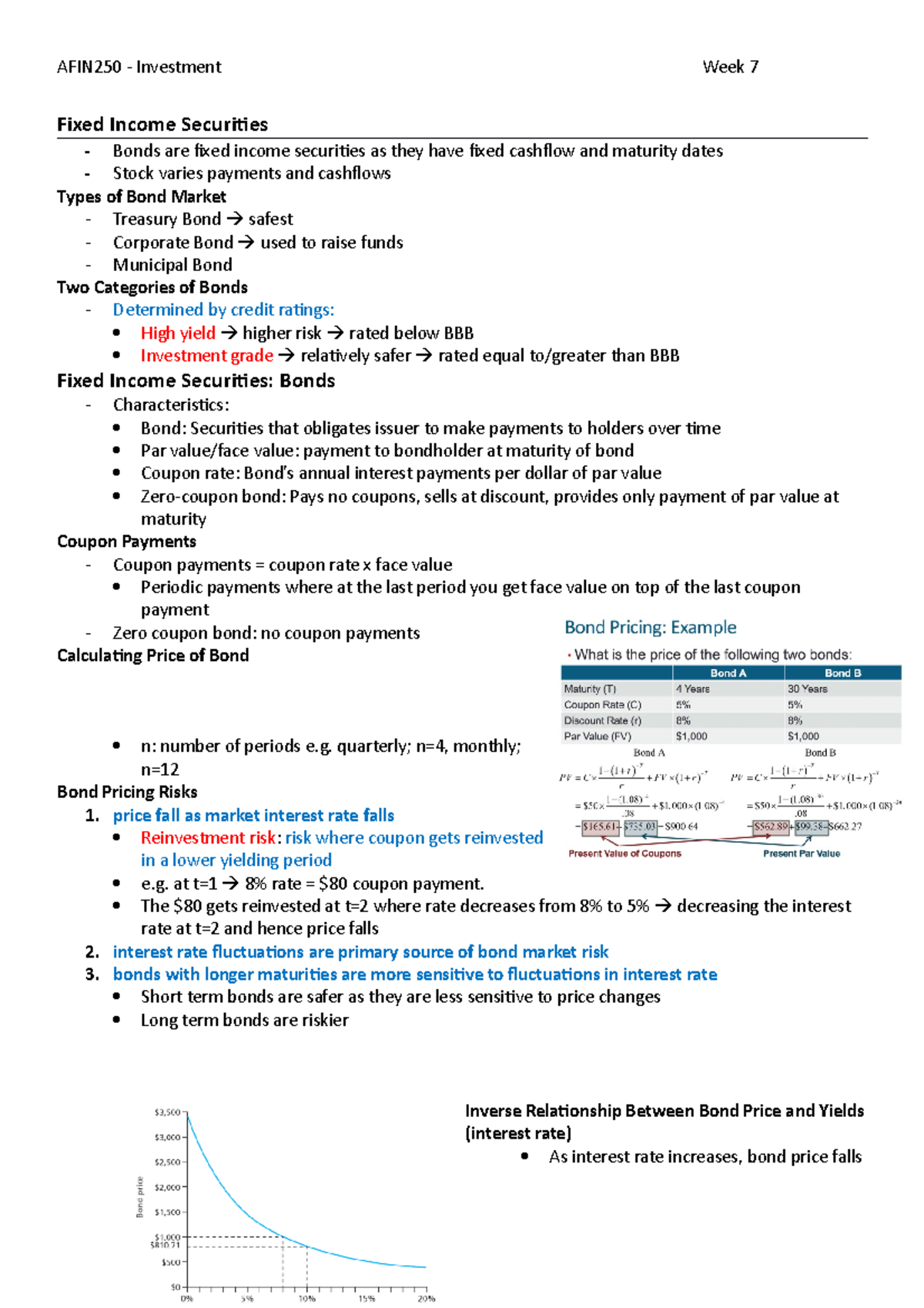 AFIN250 Week7 Notes - Fixed Income Securities Bonds are fixed income ...