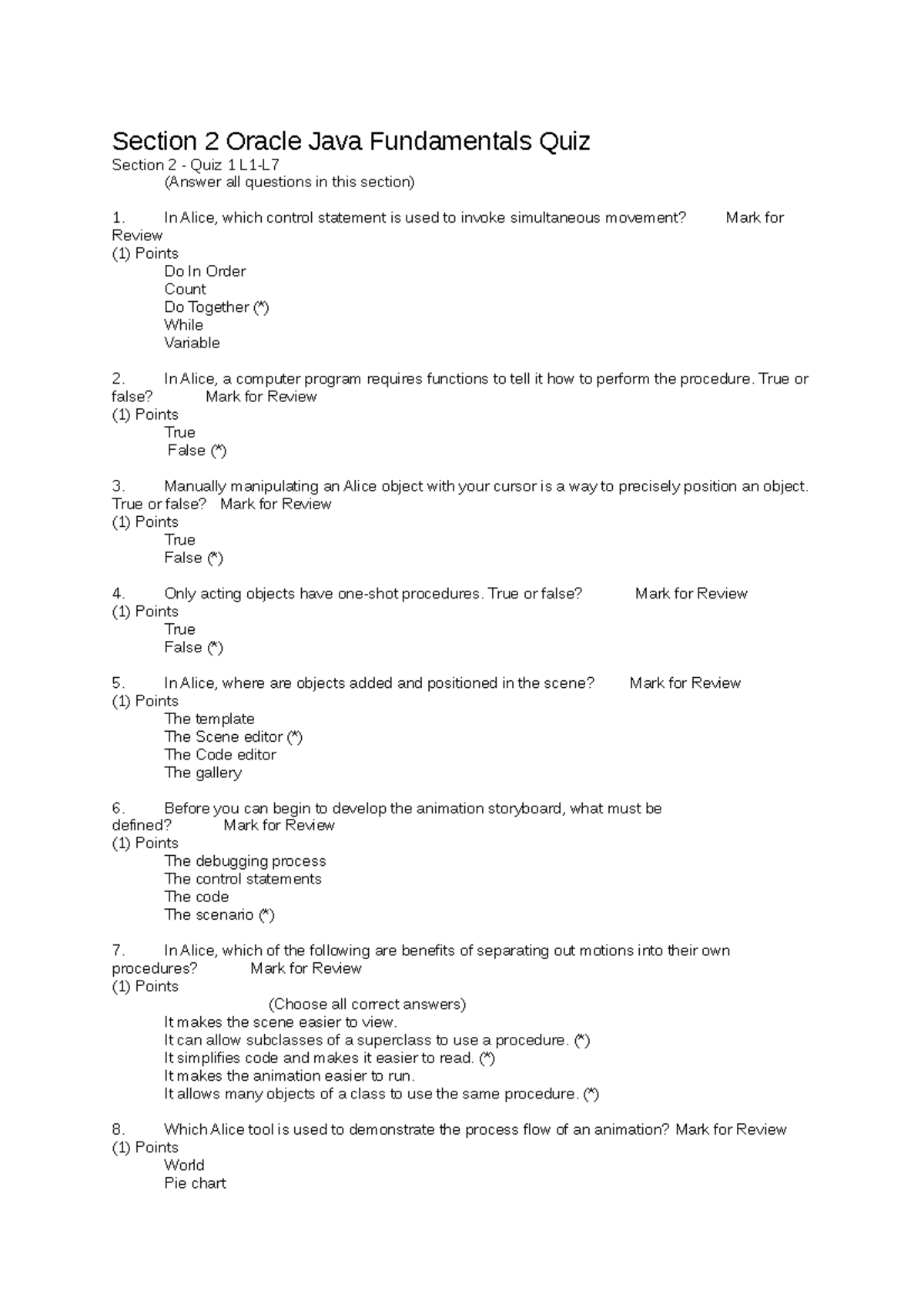 Section 2 Oracle Java Fundamentals Quiz Alice - Section 2 Oracle Java ...