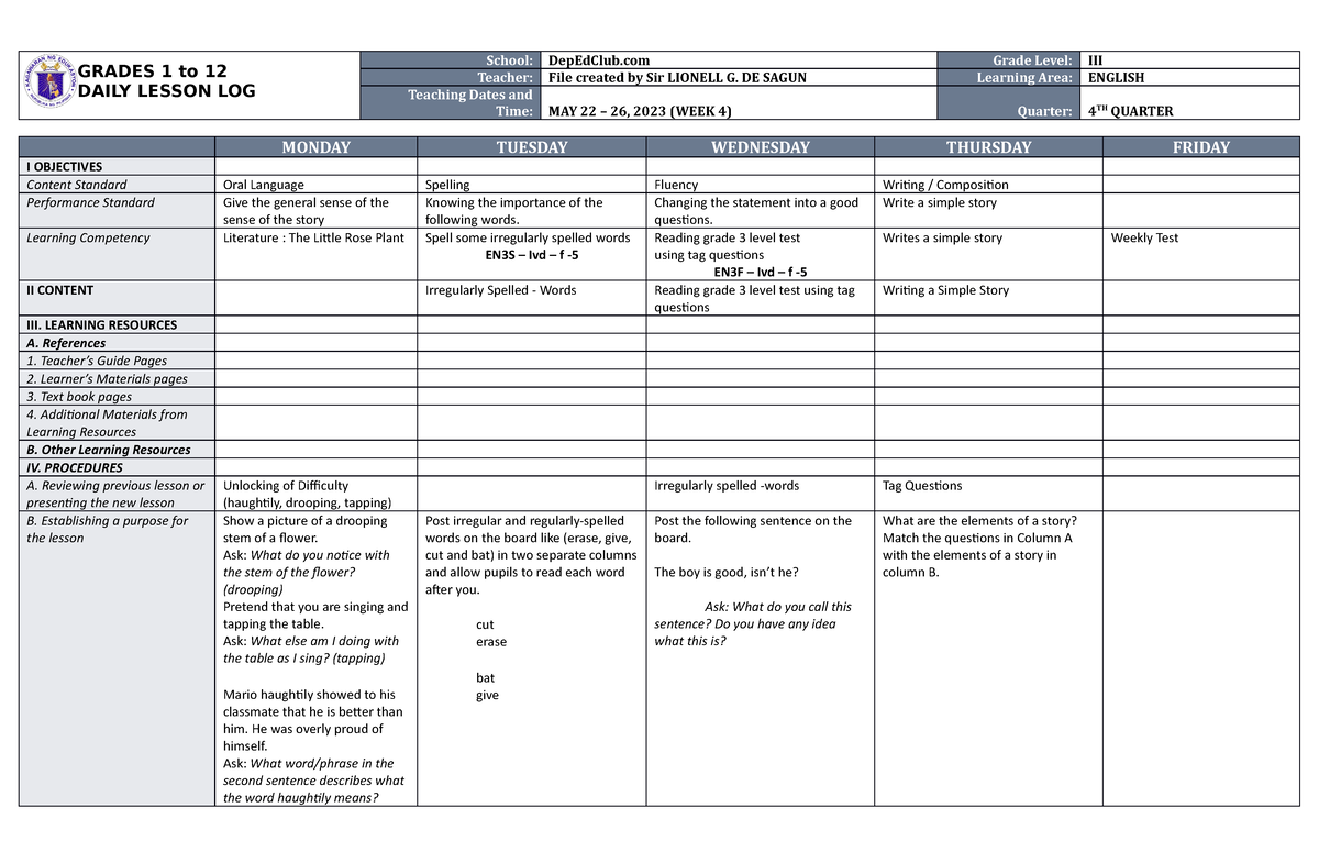 DLL English 3 Q4 W4 - GRADES 1 to 12 DAILY LESSON LOG School: DepEdClub ...