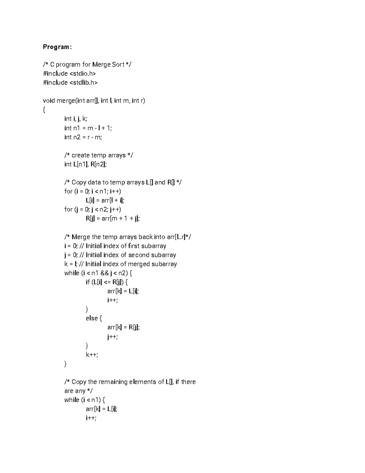 1 - Analysis Of Algorithmsv we - Program: /* C program for Merge Sort ...