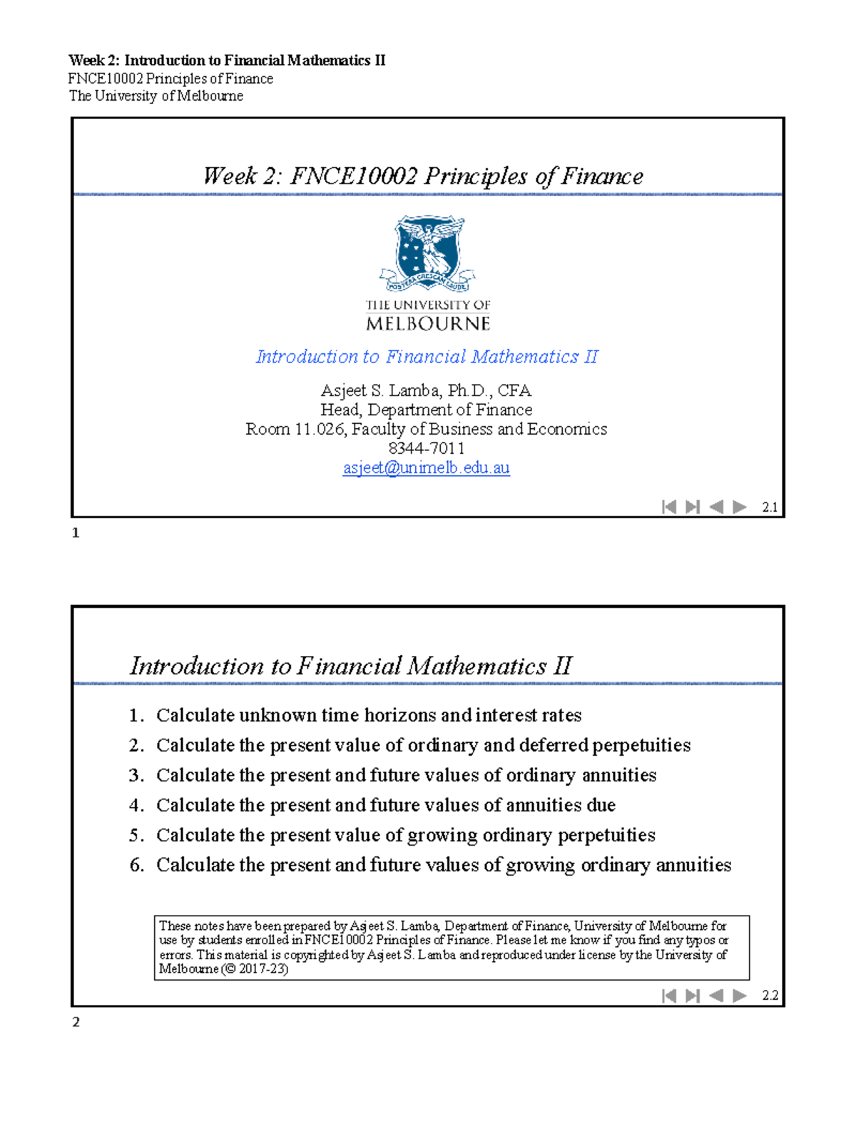 Lec02-Fin Math 2-2perpage - FNCE10002 Principles of Finance The ...