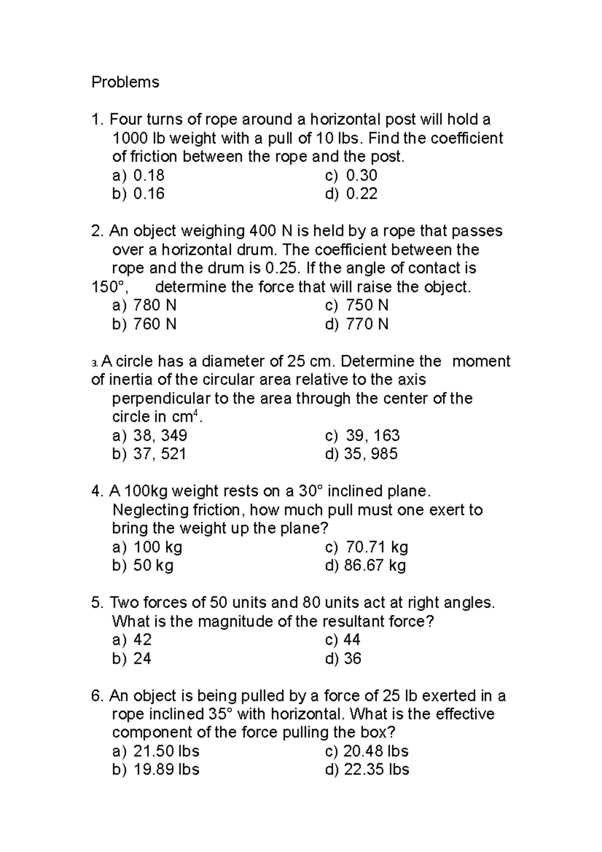 Statics of Rigid Bodies Solved Problems - Problems Four turns of rope ...