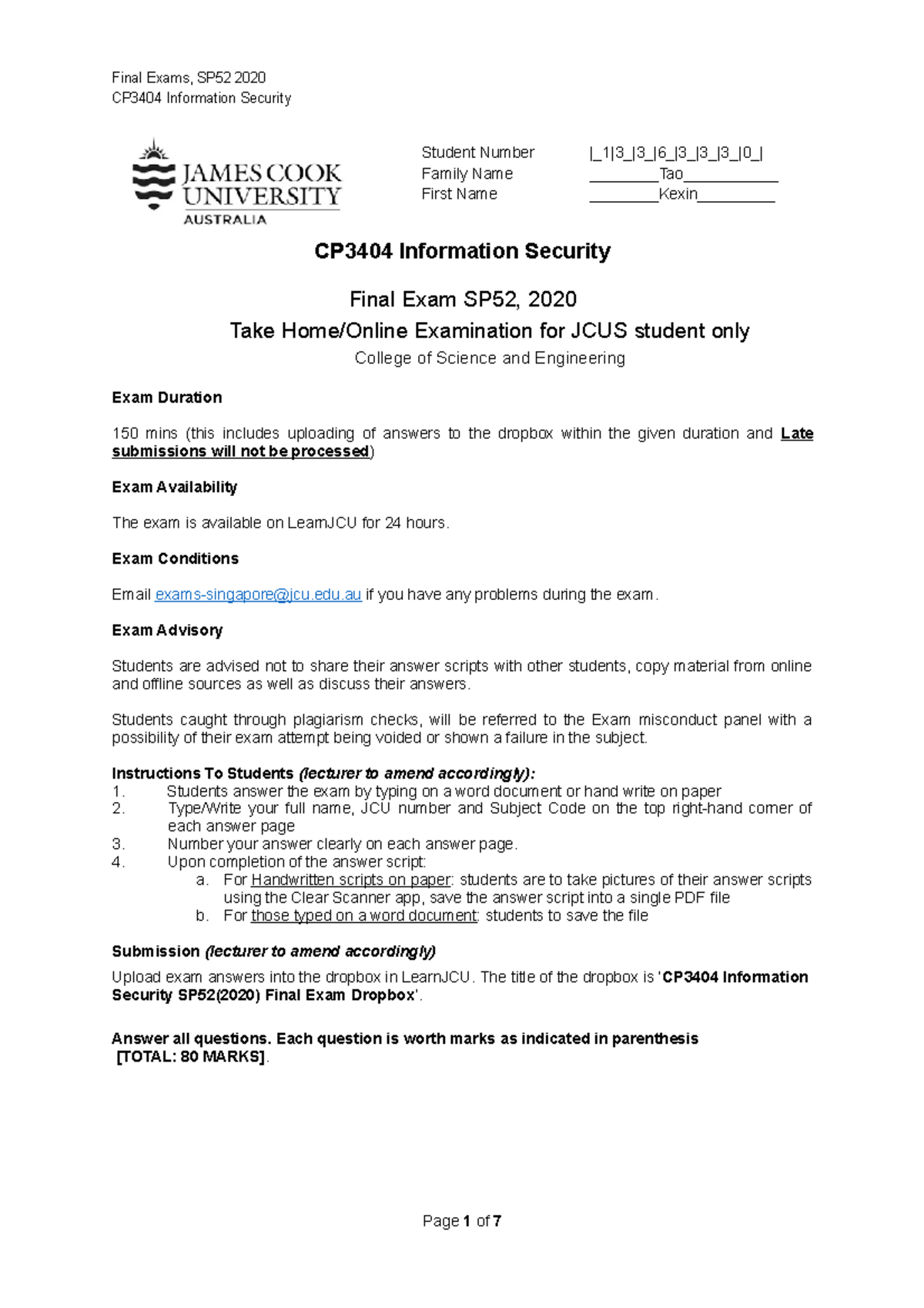 Final Exam, Questions And Answers - CP3404 Information Security Final ...