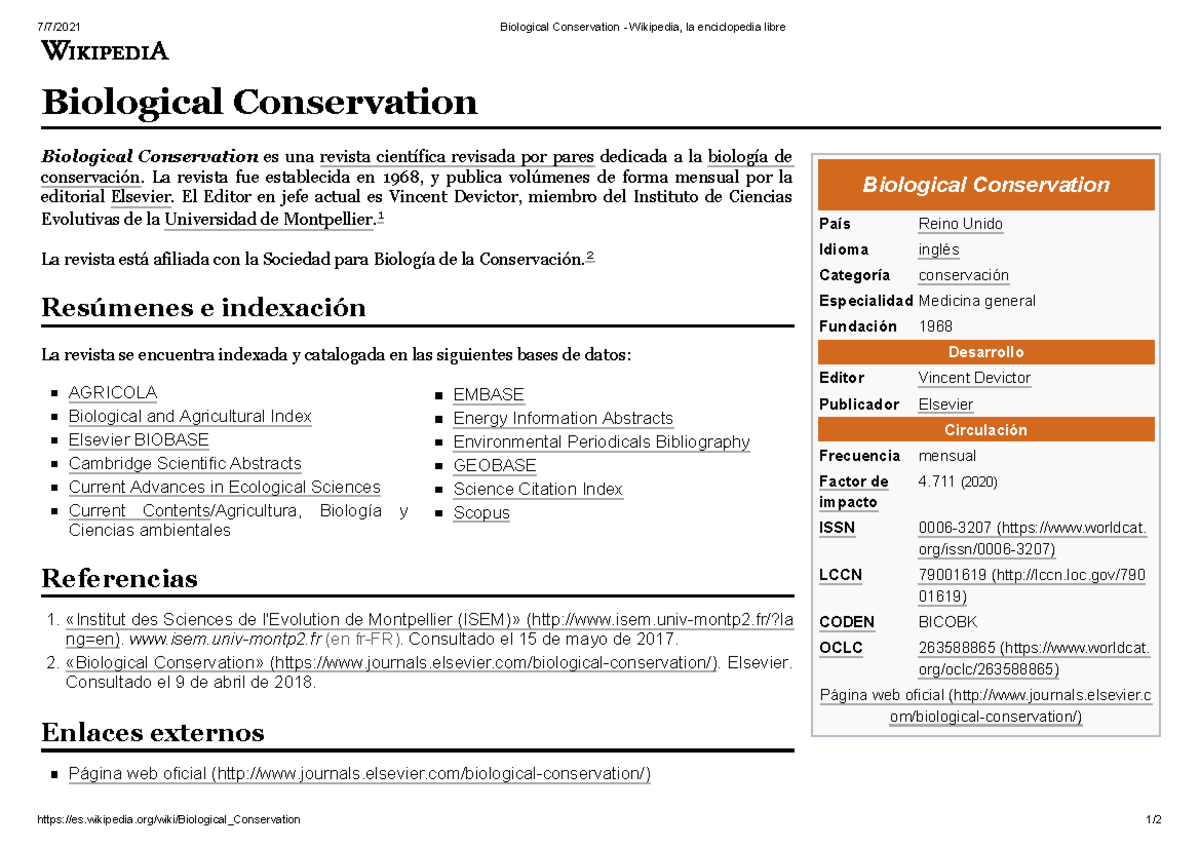 Biological Conservation - Wikipedia, la enciclopedia libre - wikipedia ...