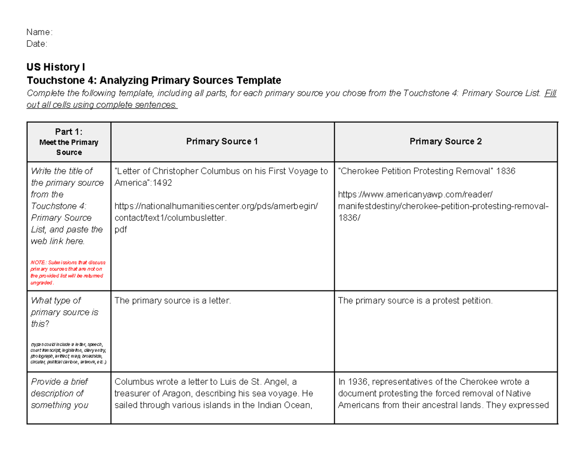 Ayanna Hawkins- US History I Touchstone 4 Template - Name: Date: US ...