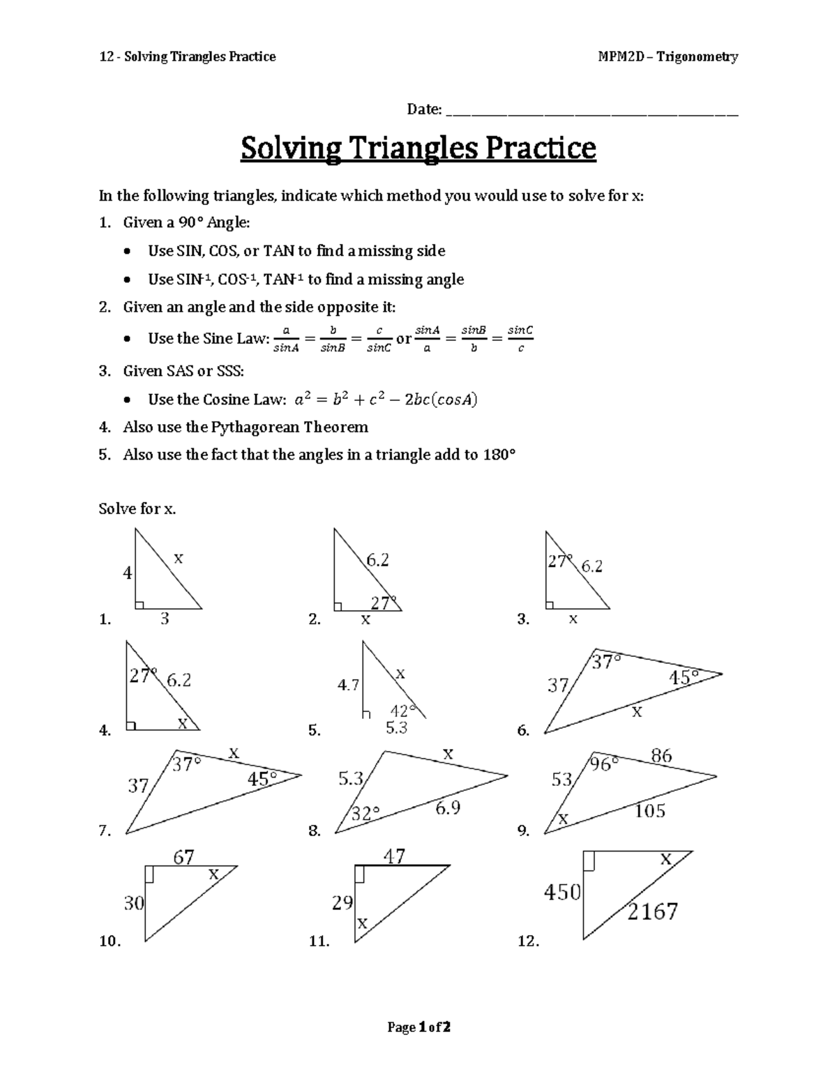 12 - Solving Tirangles Practice - 1. 2. 3. 4. 5. 6. 7. 8. 9. 10. 11. 12 ...