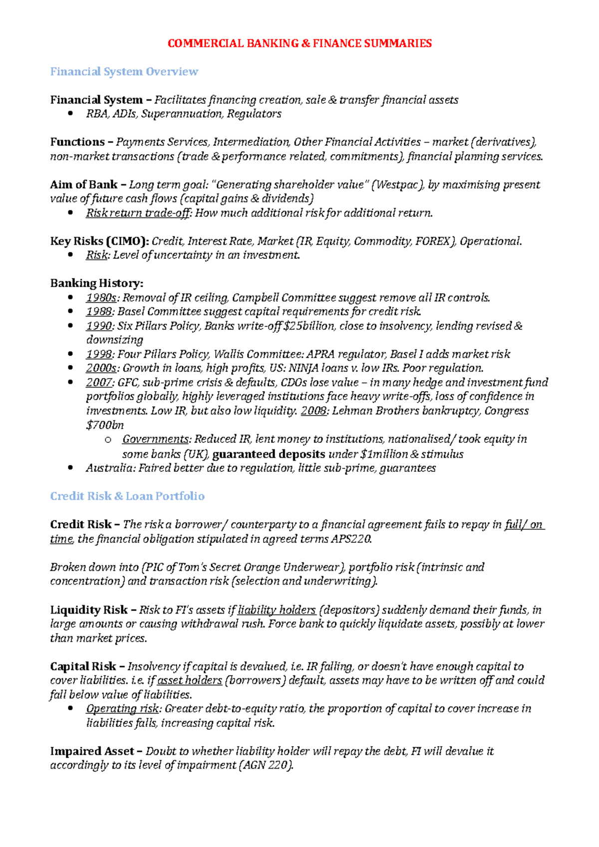 Commercial Banking & Finance Summaries - COMMERCIAL BANKING & FINANCE ...