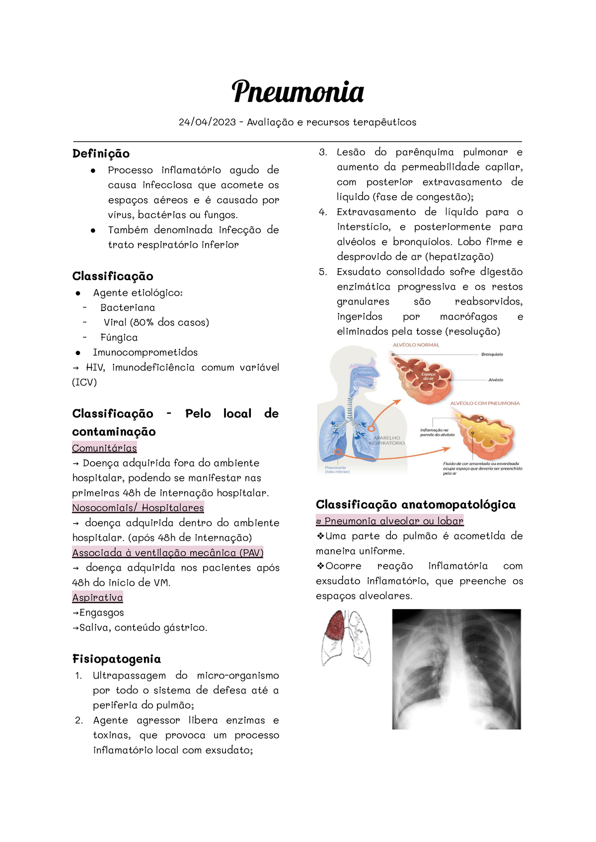 Pneumonia (PNM) e Bronquiectasia (BQT) - Pneumoni 24/04/2023 - Avaliação e  recursos terapêuticos - Studocu