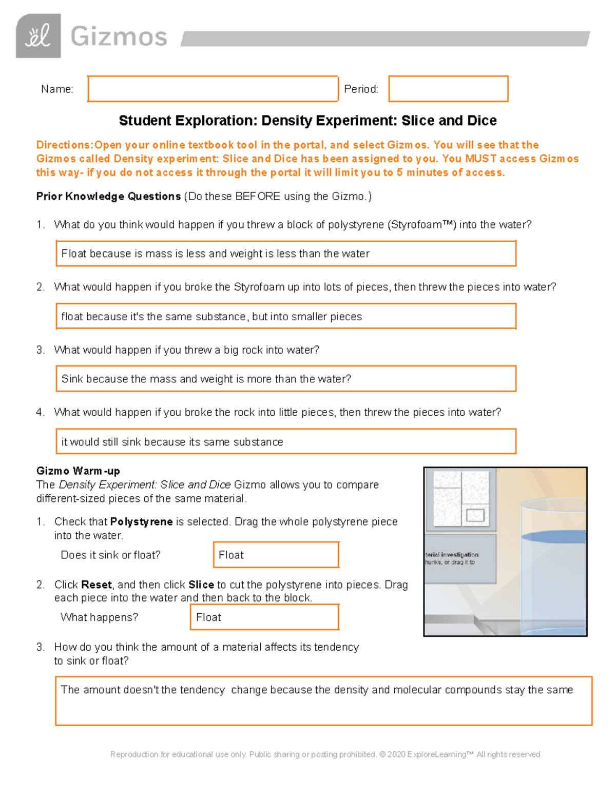 Copy Of Density Slice Gizmos Name Period Student Exploration 