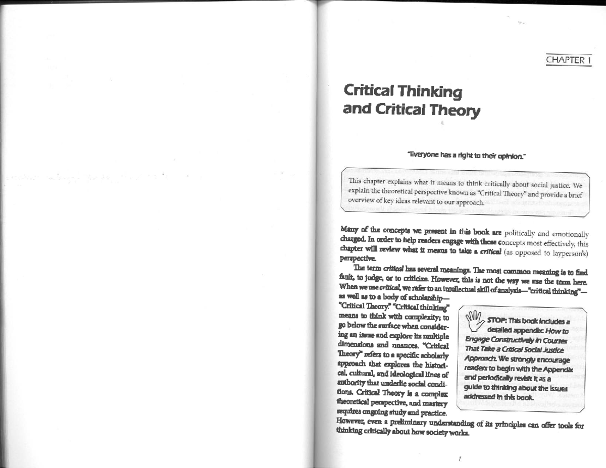 Ch 1 Critical Thinking And Theory 12 - Critical Thinking And Critical ...