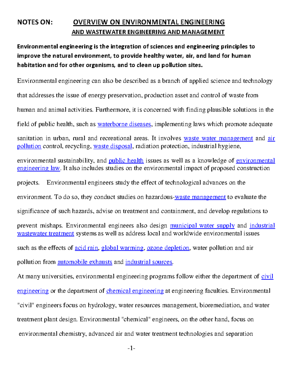 Wastewater Engineering - NOTES ON: OVERVIEW ON ENVIRONMENTAL ...
