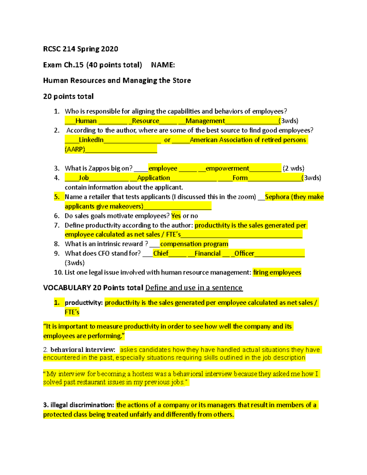 Exam Ch.15 RCSC 214 Fall 2020 - RCSC 214 Spring 2020 Exam Ch (40 points ...
