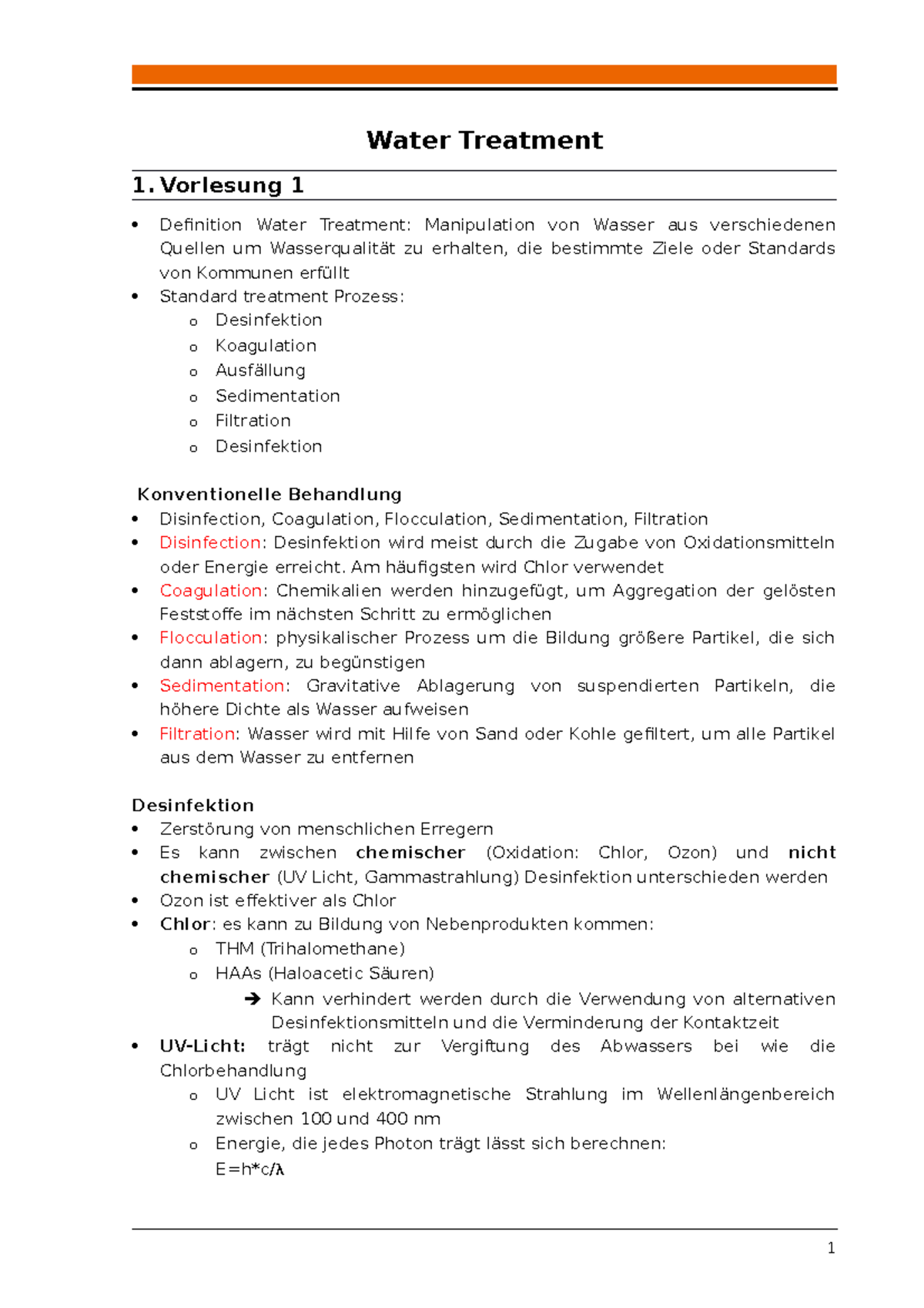 Zusammenfassung Water Treatment 2018/2019 Water Treatment 1