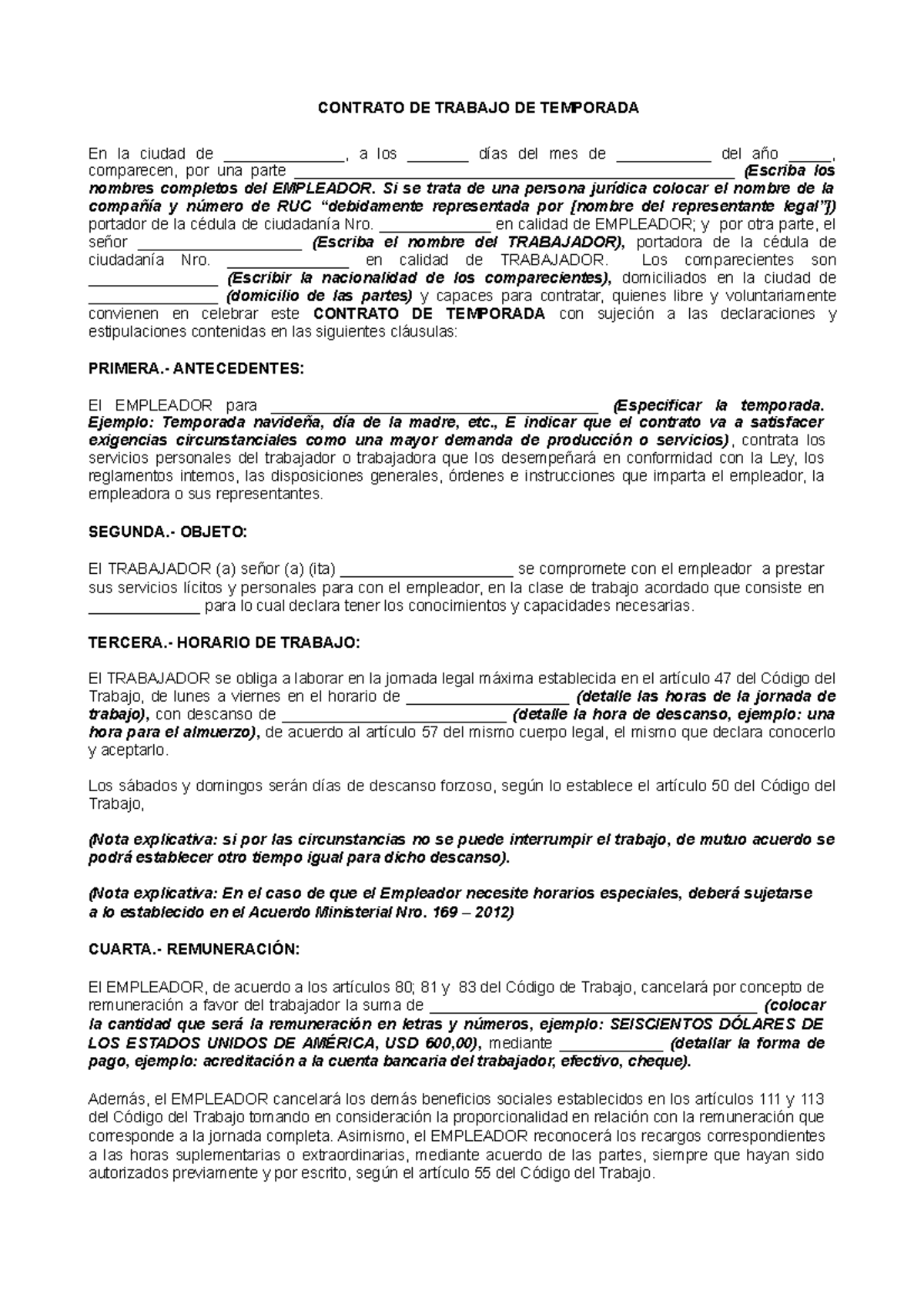 5 contrato de trabajo de temporada - CONTRATO DE TRABAJO DE TEMPORADA En la  ciudad de - Studocu