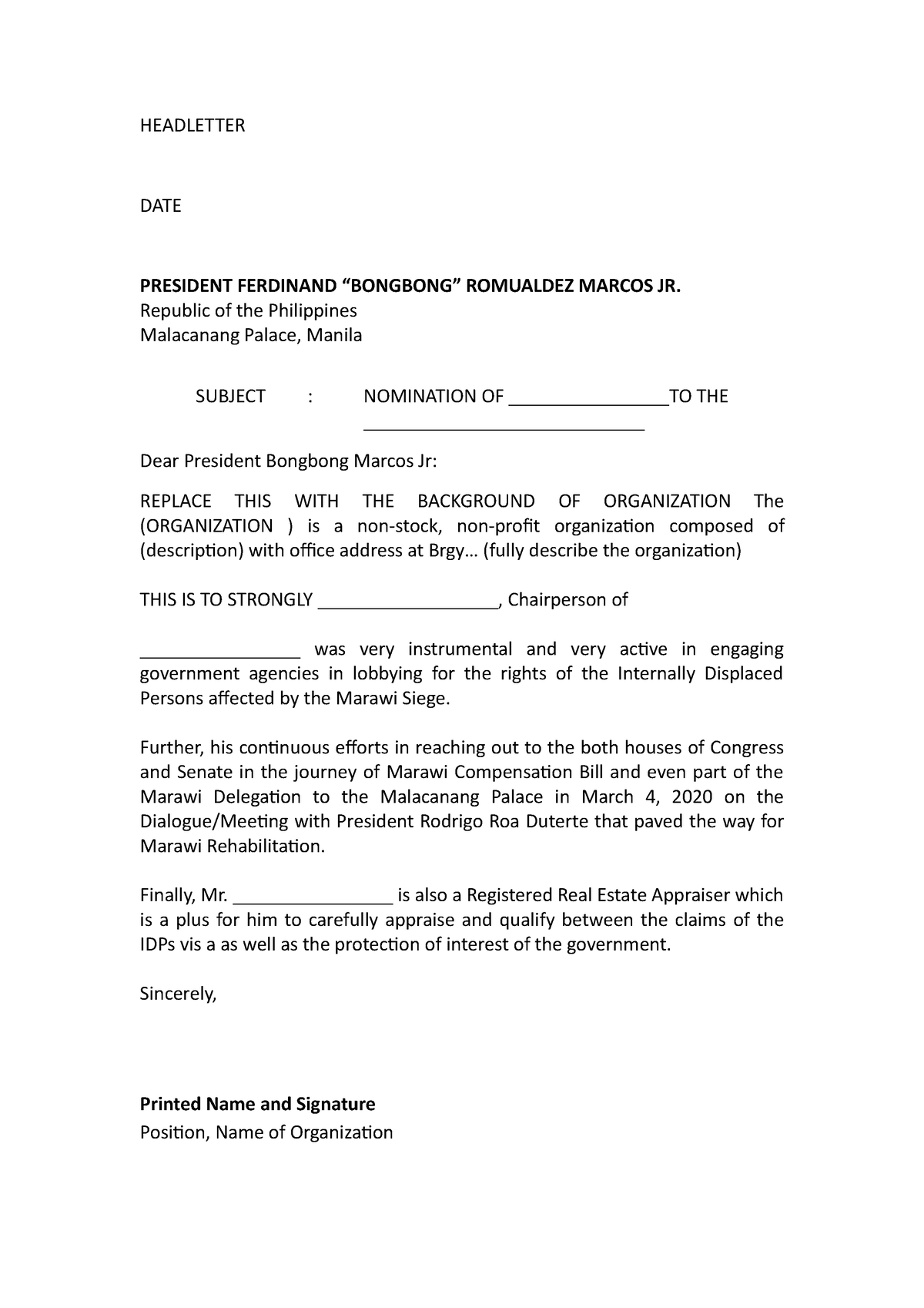 Endorsement Letter Template - HEADLETTER DATE PRESIDENT FERDINAND ...