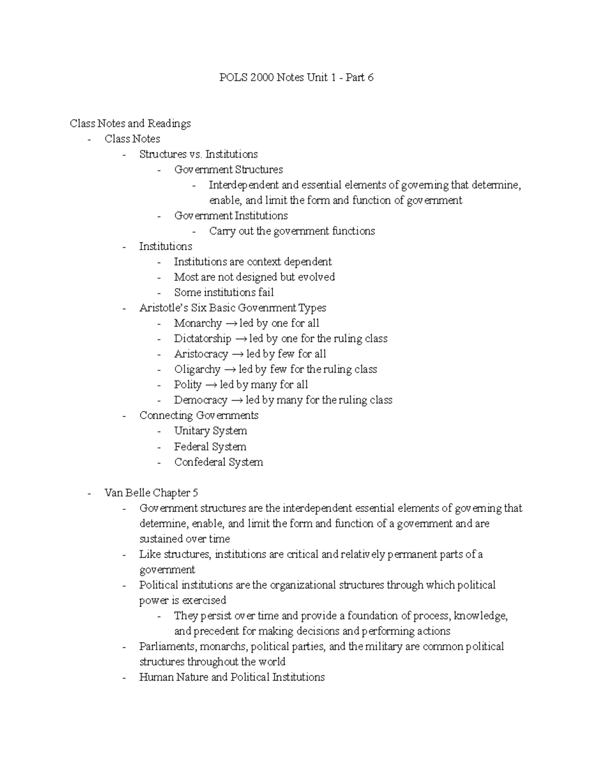 POLS 2000 Notes - Part 6 - POLS 2000 Notes Unit 1 - Part 6 Class Notes ...