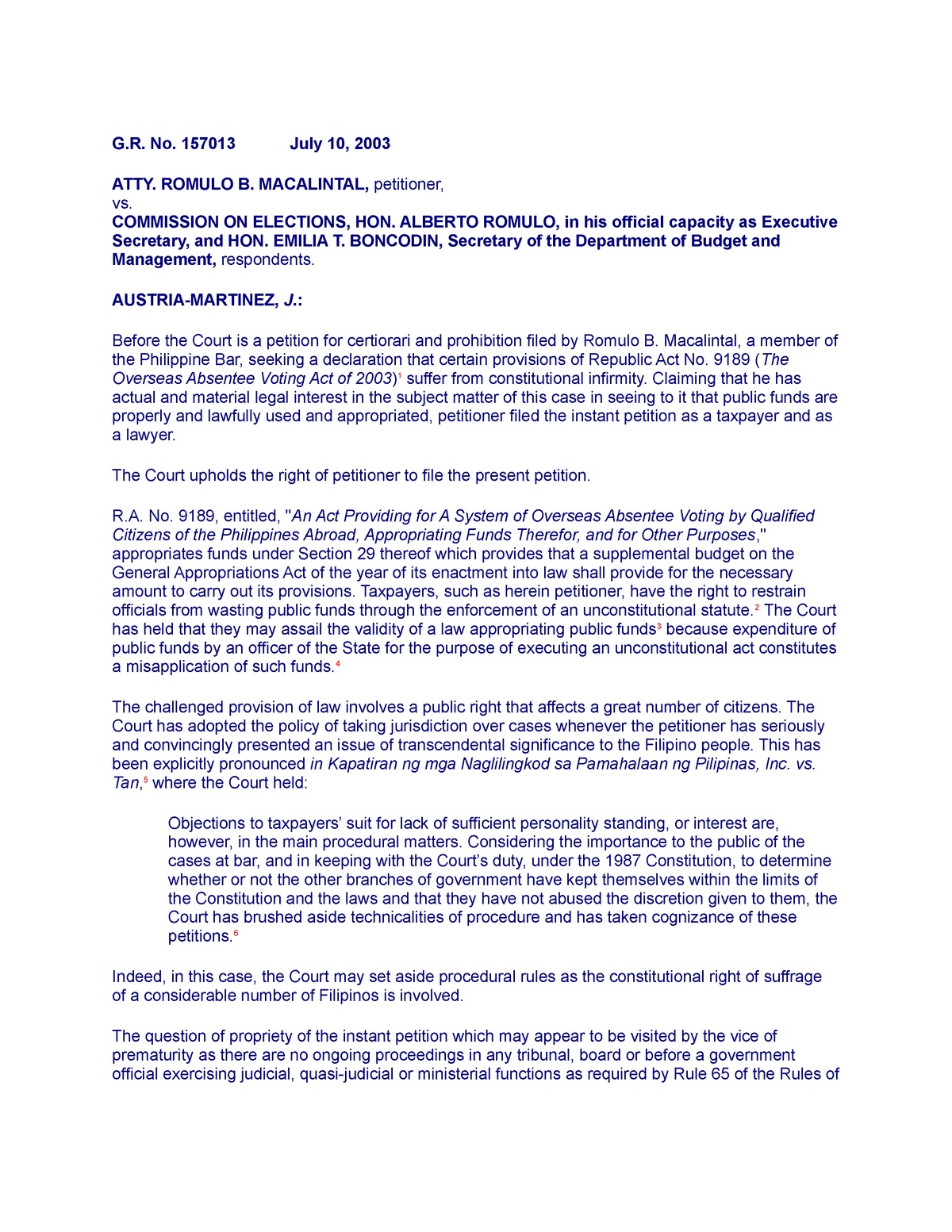 9 - Election Law Case - G. No. 157013 July 10, 2003 ATTY. ROMULO B ...