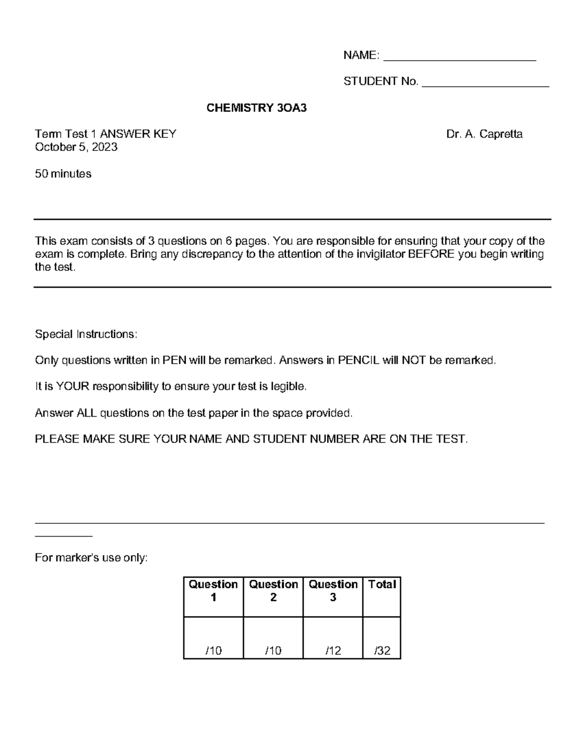 Term Test 1 - answer key - NAME: ________________________ STUDENT No