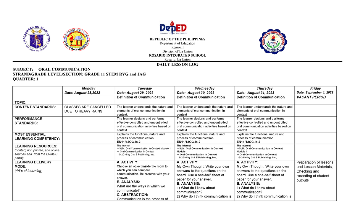 DLL-ORAL COMM Anfone WEEK1 QTR 1 SY 23-24 - REPUBLIC OF THE PHILIPPINES ...