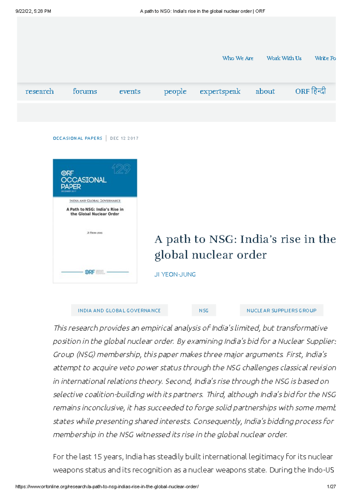 India and NSG by ORF - research forums events people expertspeak about ...