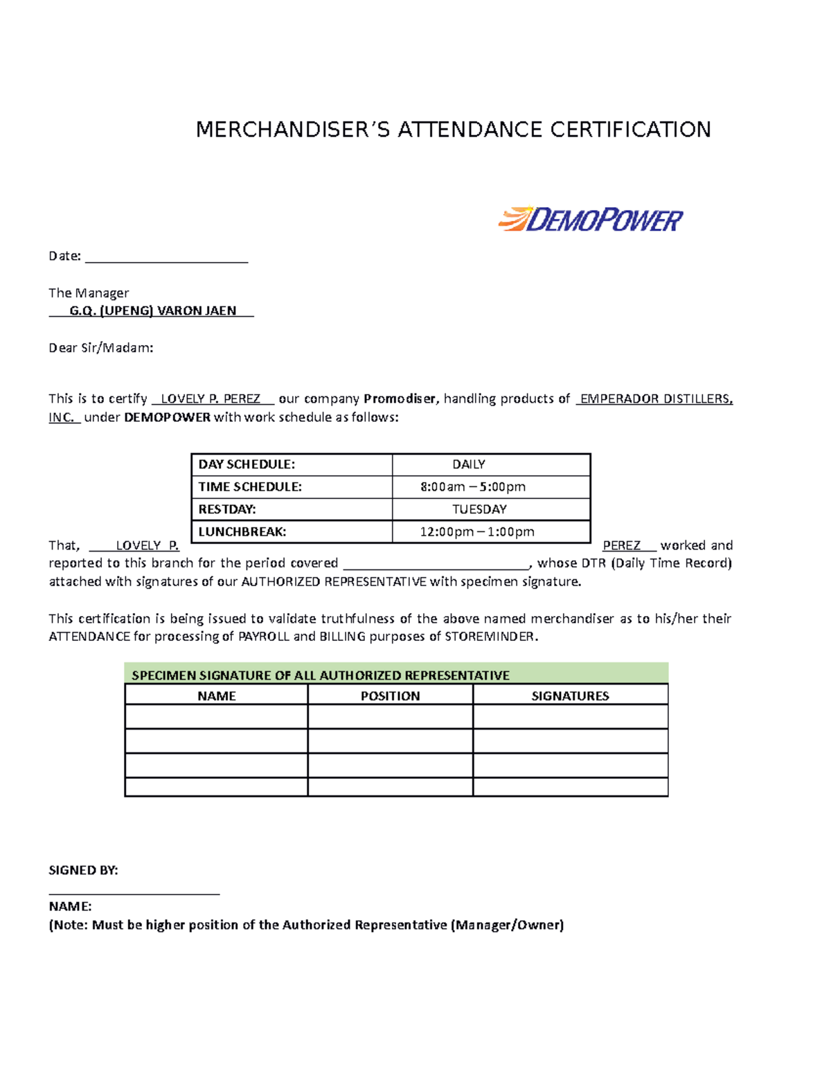Specimen Signature Letter demo MERCHANDISER’S ATTENDANCE