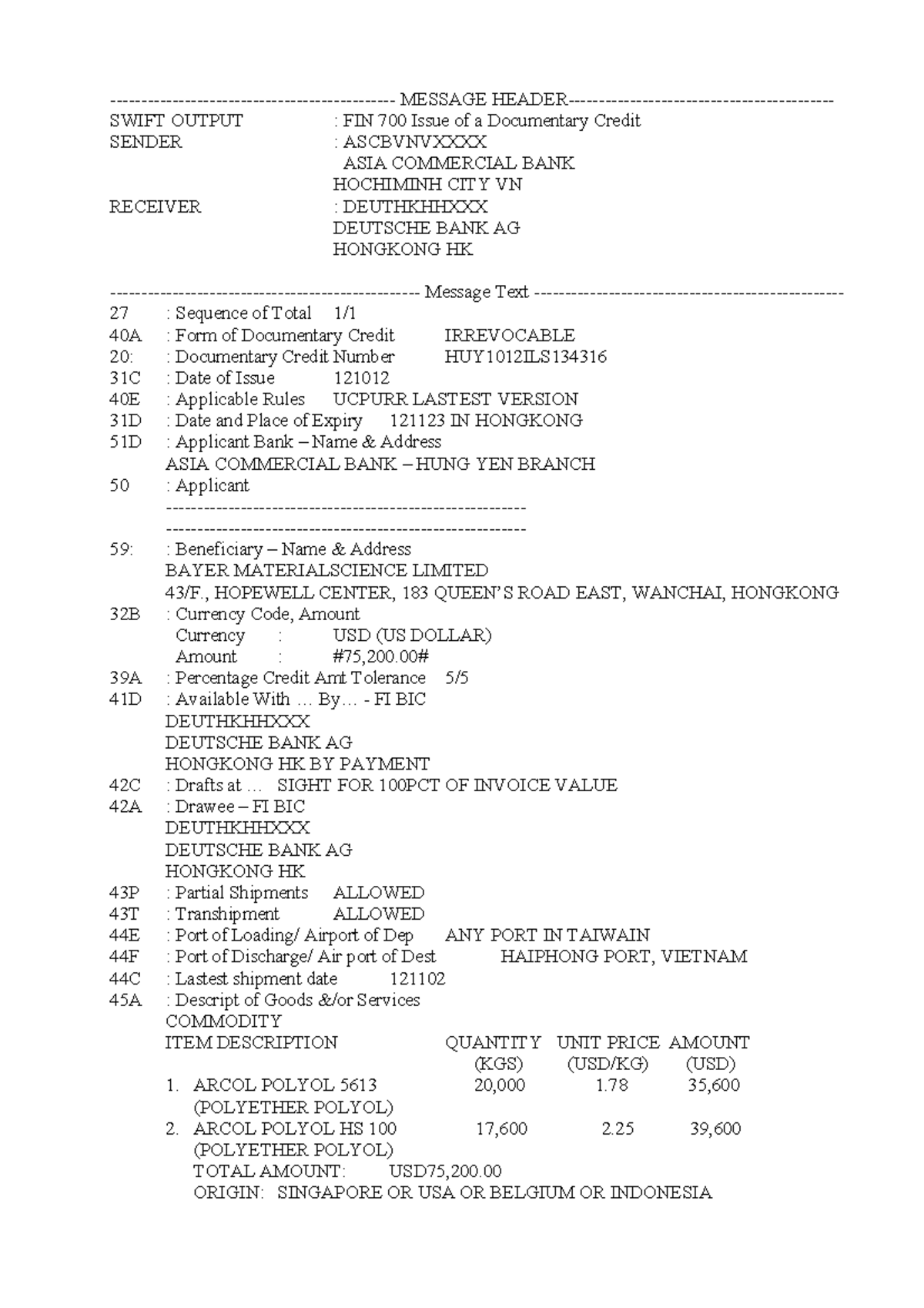 MT700 7 - Document - MESSAGE HEADER- SWIFT OUTPUT : FIN 700 Issue of a ...