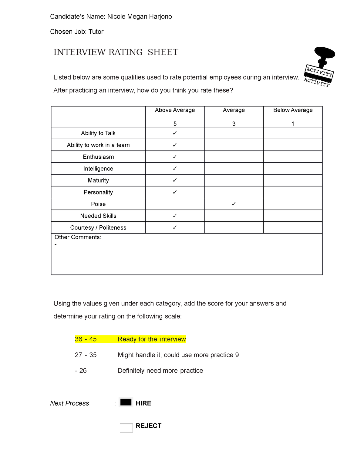 Interview Rating Sheet - Candidate’s Name: Nicole Megan Harjono Chosen ...