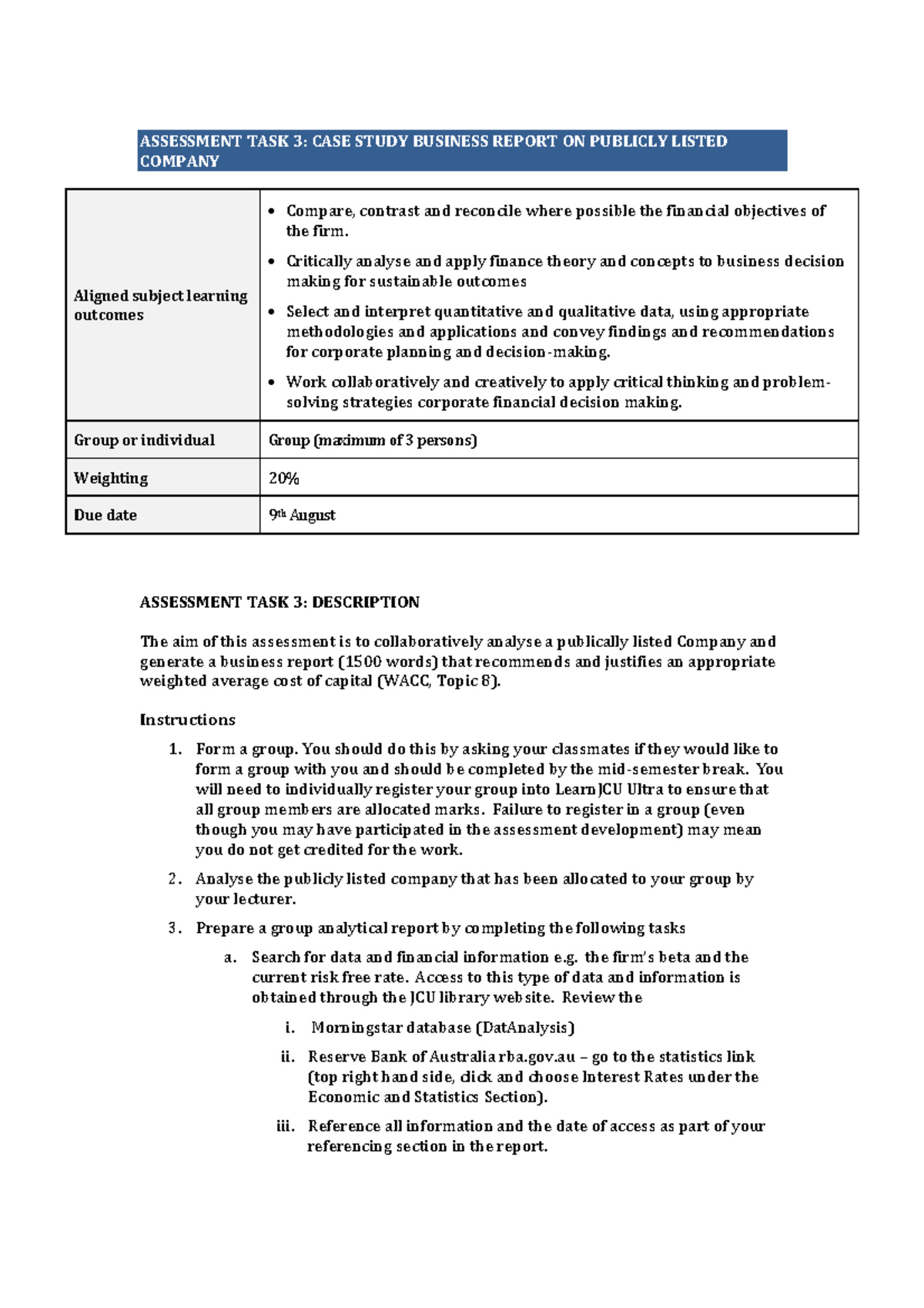 Assessment TASK 3 principle of finance which is Outline for Task 3 ...