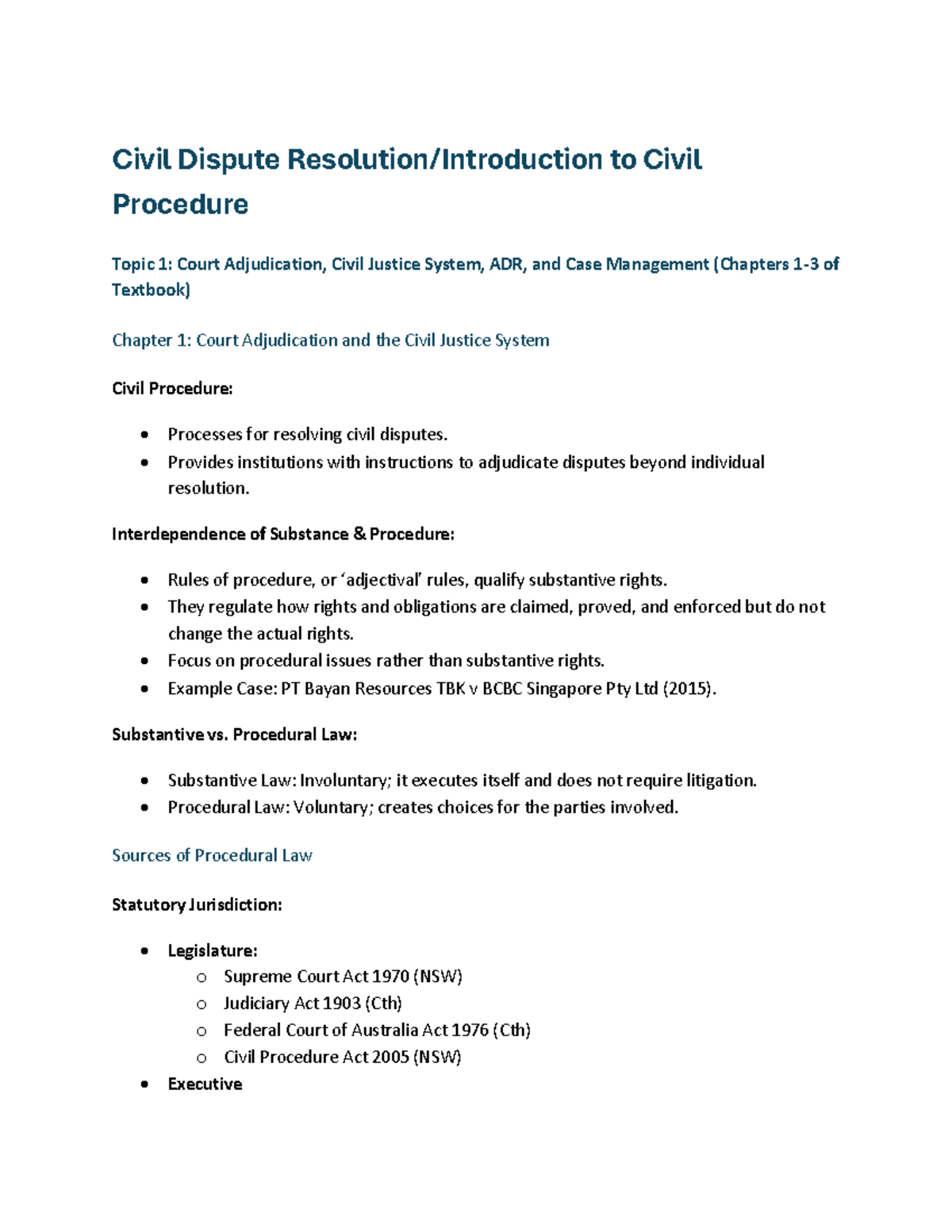 Introduction to Civil Procedure Notes - Civil Dispute Resolution ...