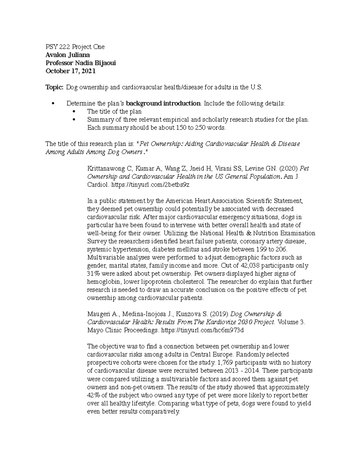 Final PSY222 Project One - PSY 222 Project One Avalon Juliana Professor